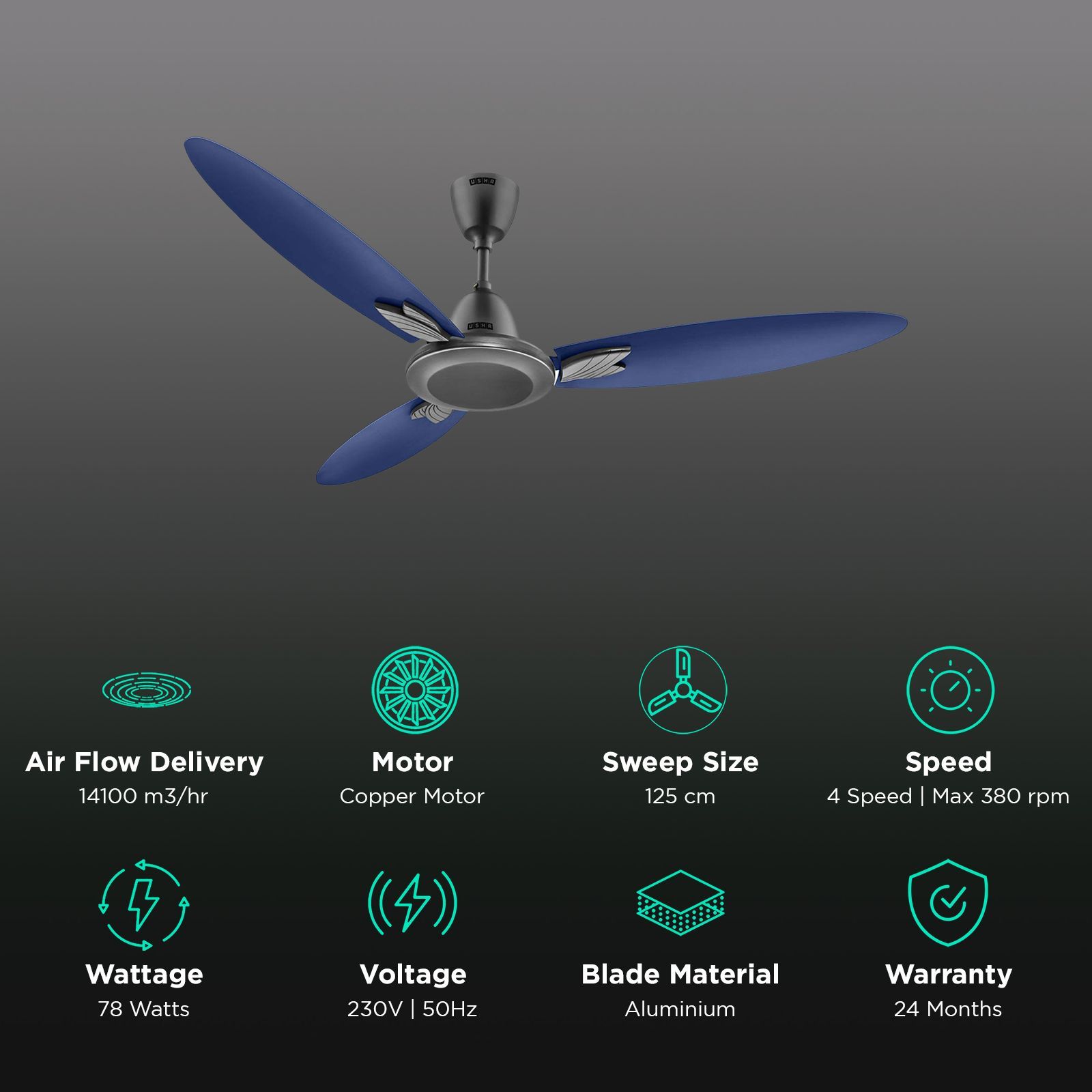 USHA Bloom Magnolia 1250mm 3 Blade Copper Motor Ceiling Fan (Dust Resistant, Sparkle Grey and Blue) USHA Bloom Magnolia 1250mm 3 Blade Copper Motor Ceiling Fan (Dust Resistant, Sparkle Grey and Blue)_3