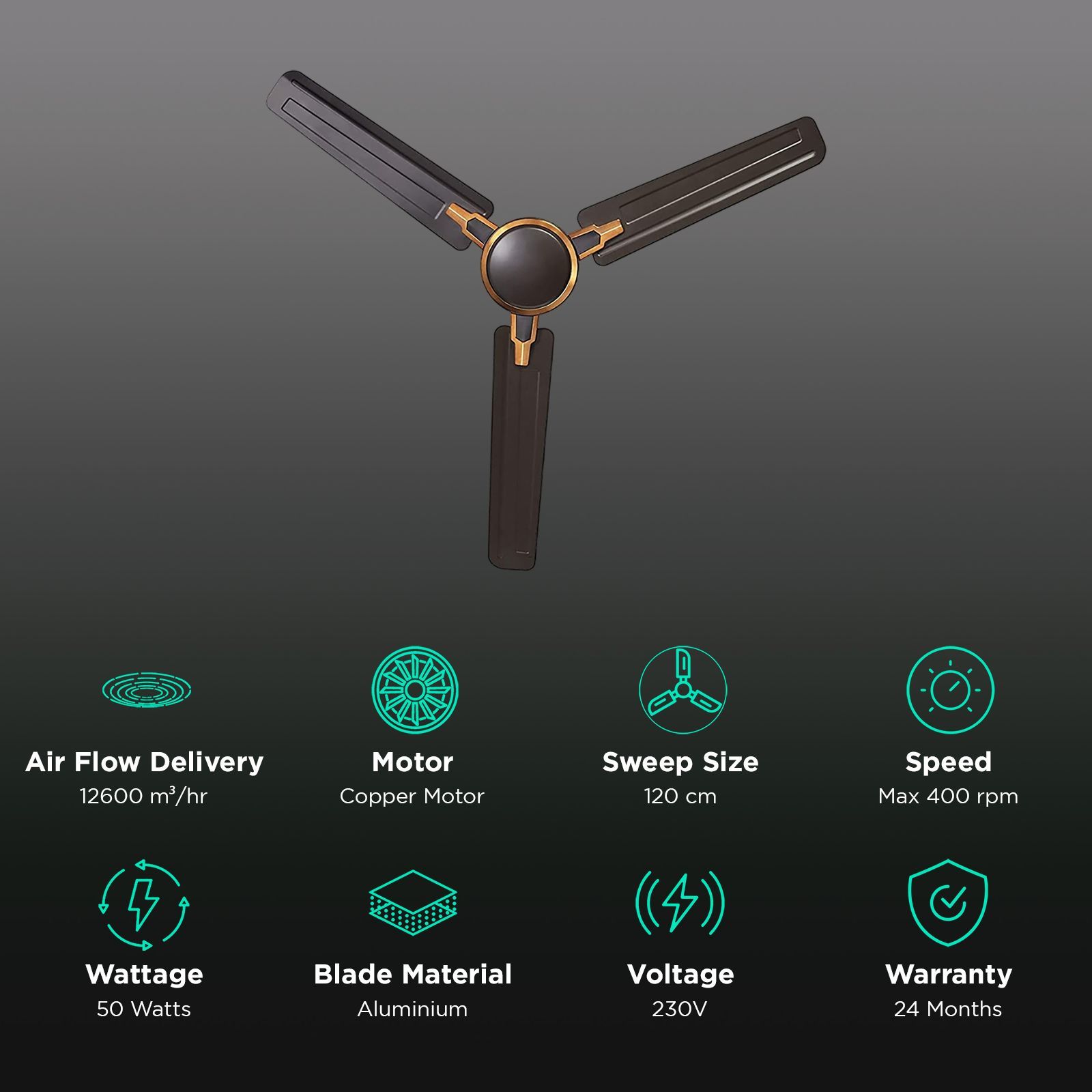 USHA Racer Chrome 1 Star 1200mm 3 Blade Copper Motor Ceiling Fan (High Lift Angle of Blade, Smoke Brown) USHA Racer Chrome 1 Star 1200mm 3 Blade Copper Motor Ceiling Fan (High Lift Angle of Blade, Smoke Brown)_3