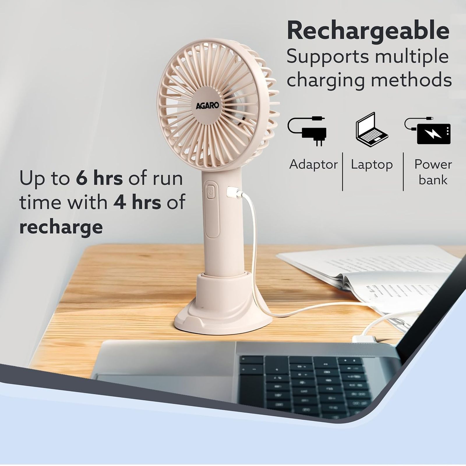 AGARO Elite 4 Blade Rechargeable Mini Fan with 2600 mAh Battery (Mobile Holder, Pink) AGARO Elite 4 Blade Rechargeable Mini Fan with 2600 mAh Battery (Mobile Holder, Pink)_2