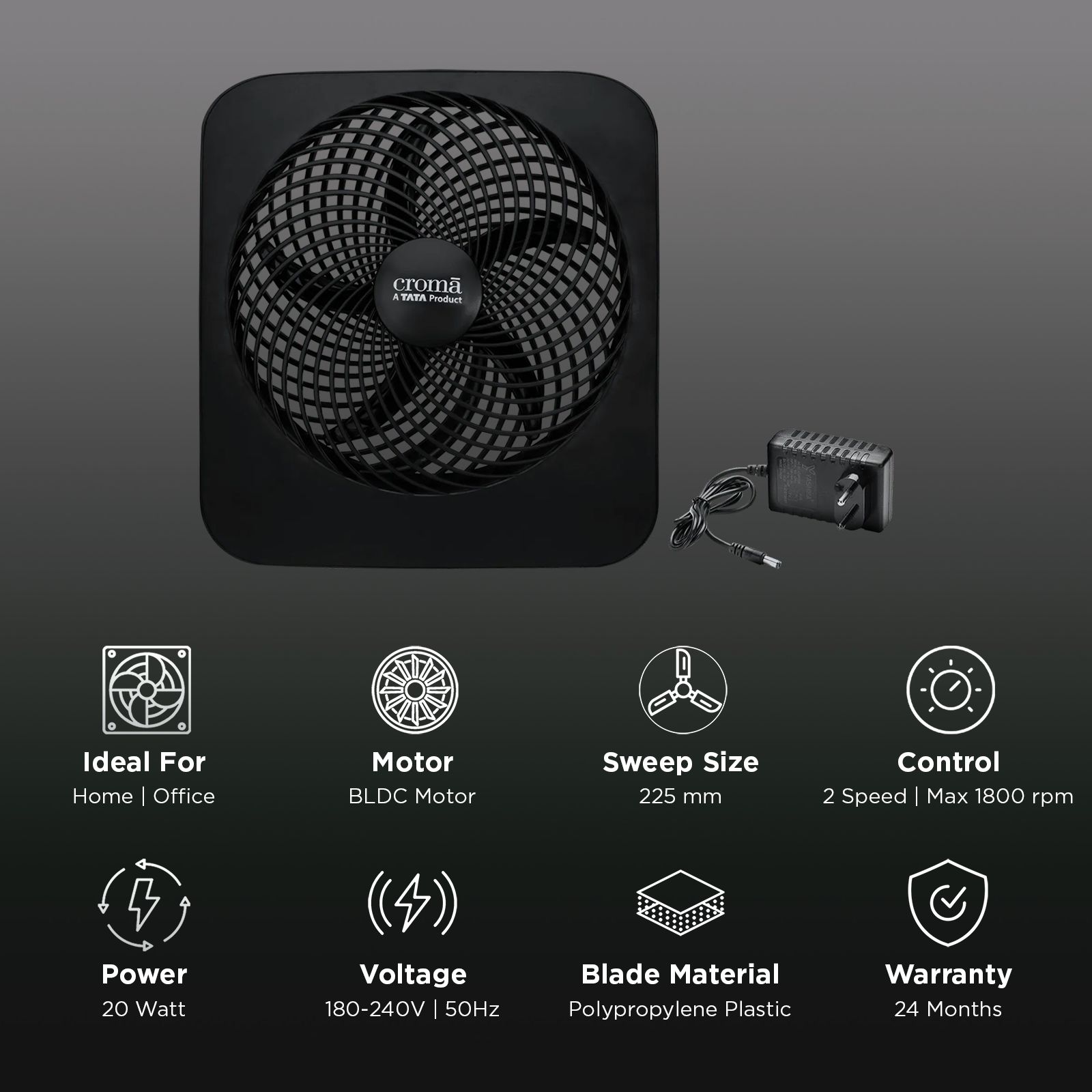 Croma 225mm 5 Blade Rechargeable Desk Fan (High Air Delivery, Black)_2