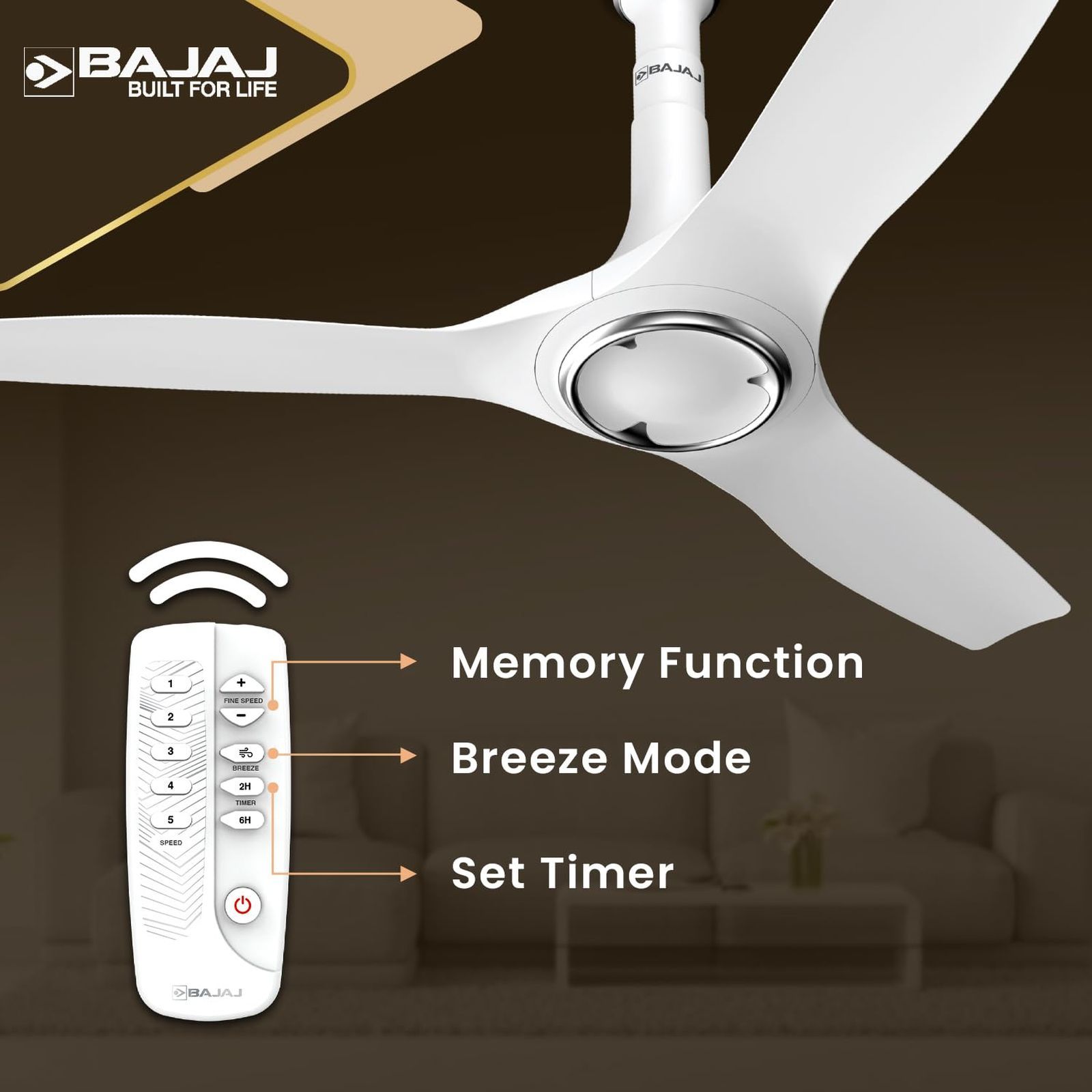 BAJAJ Arioso 12DC5R 5 Star 1200mm 3 Blade BLDC Motor Ceiling Fan with Remote (Low Power Consumption, White Chrome)_7