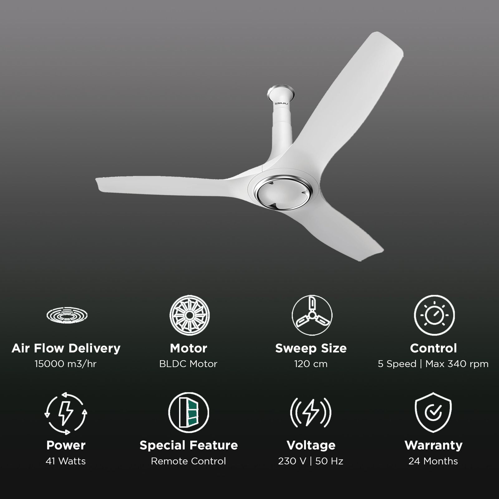 BAJAJ Arioso 12DC5R 5 Star 1200mm 3 Blade BLDC Motor Ceiling Fan with Remote (Low Power Consumption, White Chrome)_3