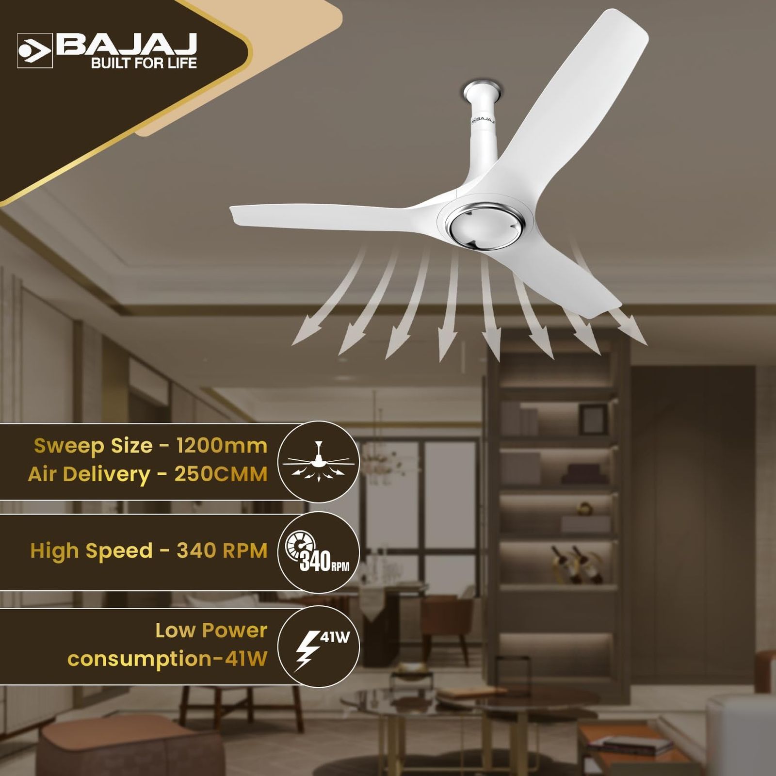 BAJAJ Arioso 12DC5R 5 Star 1200mm 3 Blade BLDC Motor Ceiling Fan with Remote (Low Power Consumption, White Chrome)_4
