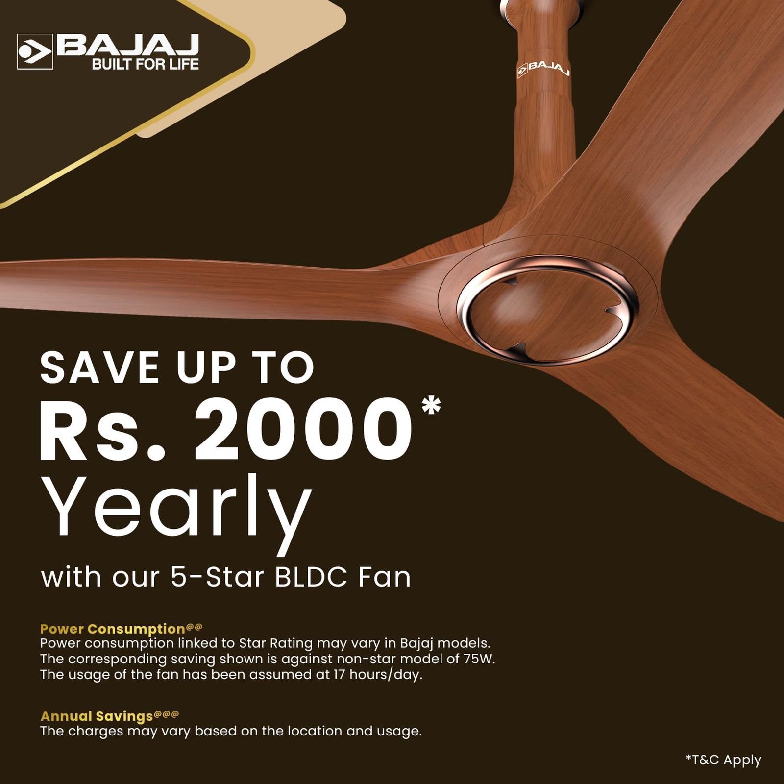 BAJAJ Arioso 12DC5R 5 Star 1200mm 3 Blade BLDC Motor Ceiling Fan with Remote (Low Power Consumption, Walnut Copper)_7