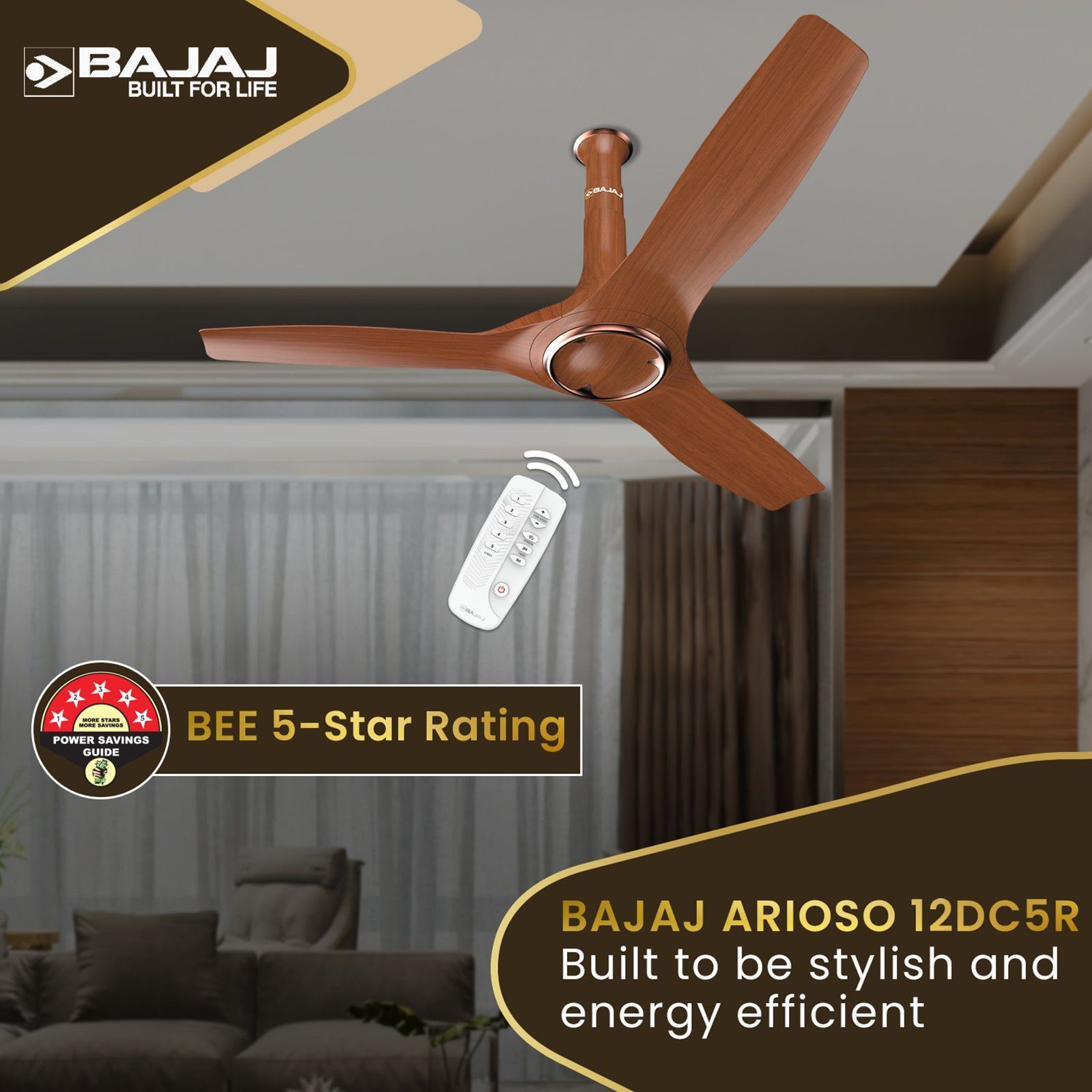 BAJAJ Arioso 12DC5R 5 Star 1200mm 3 Blade BLDC Motor Ceiling Fan with Remote (Low Power Consumption, Walnut Copper)_8