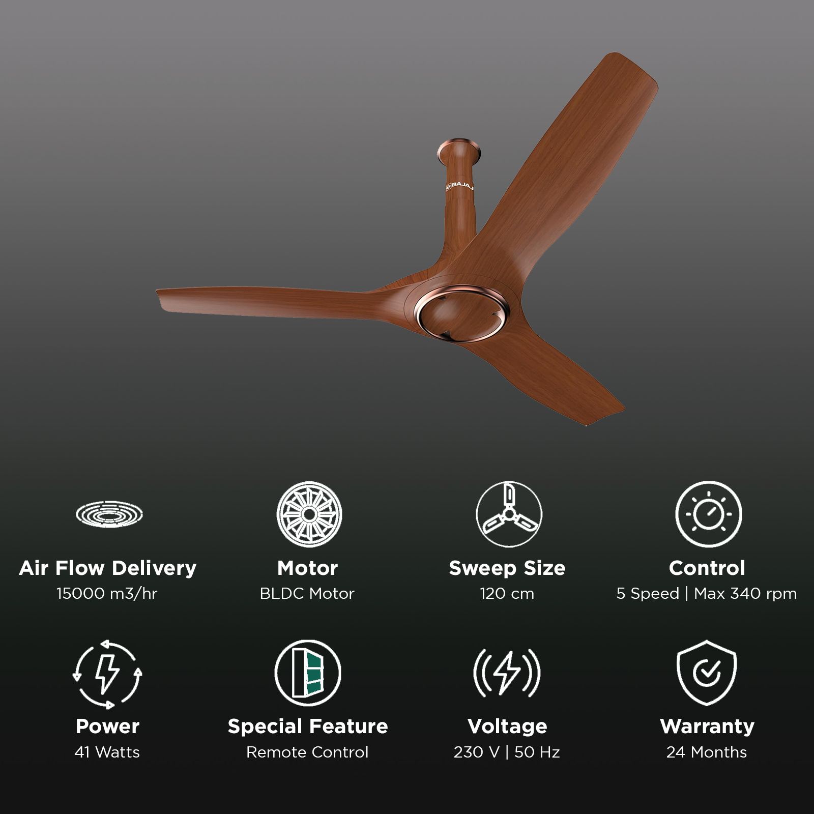 BAJAJ Arioso 12DC5R 5 Star 1200mm 3 Blade BLDC Motor Ceiling Fan with Remote (Low Power Consumption, Walnut Copper)_3