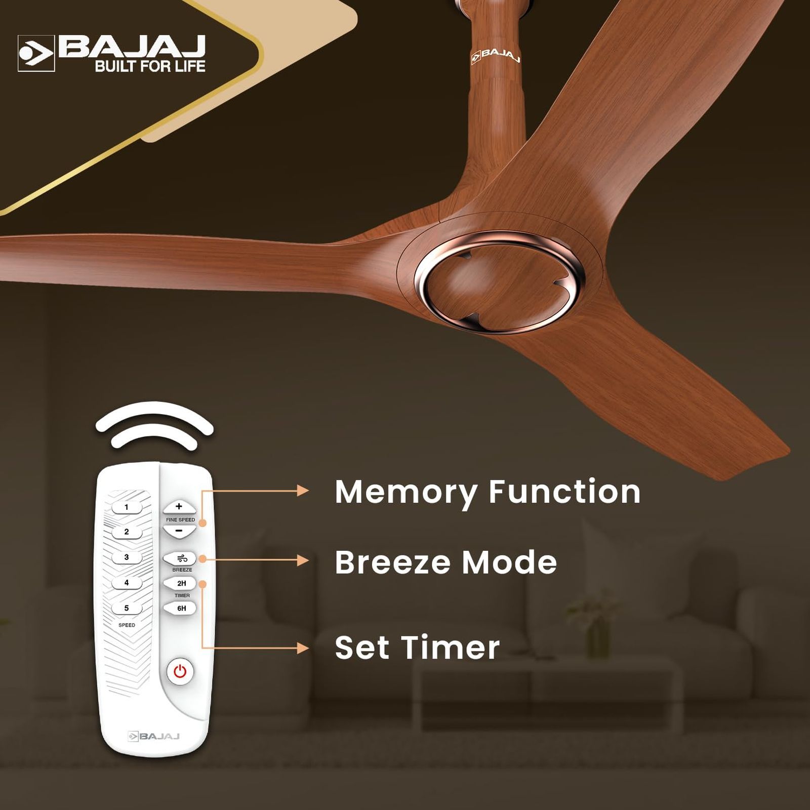 BAJAJ Arioso 12DC5R 5 Star 1200mm 3 Blade BLDC Motor Ceiling Fan with Remote (Low Power Consumption, Walnut Copper)_5