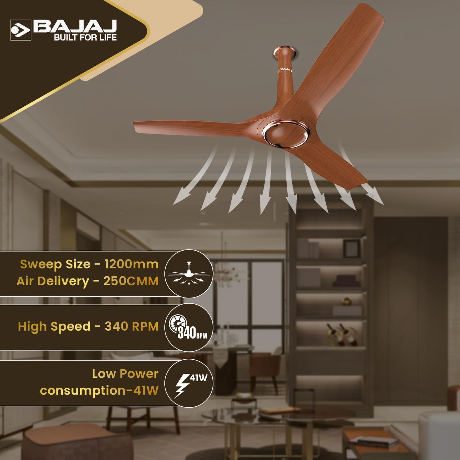 BAJAJ Arioso 12DC5R 5 Star 1200mm 3 Blade BLDC Motor Ceiling Fan with Remote (Low Power Consumption, Walnut Copper)_6