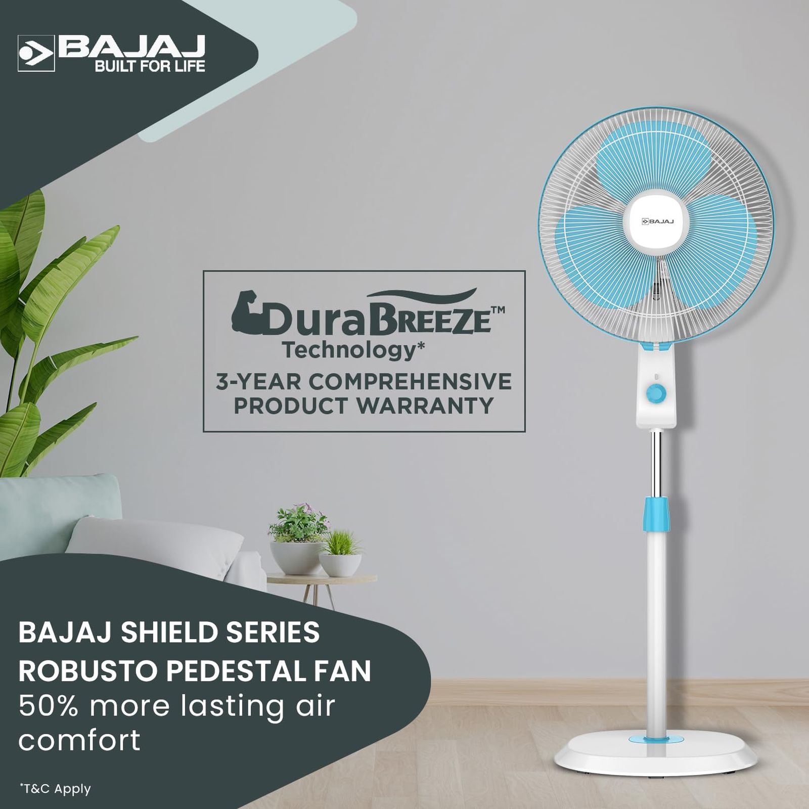 BAJAJ Robusto 400mm 3 Blade Copper Motor Pedestal Fan (DuraBreeze Technology, Icy Blue & White)_4