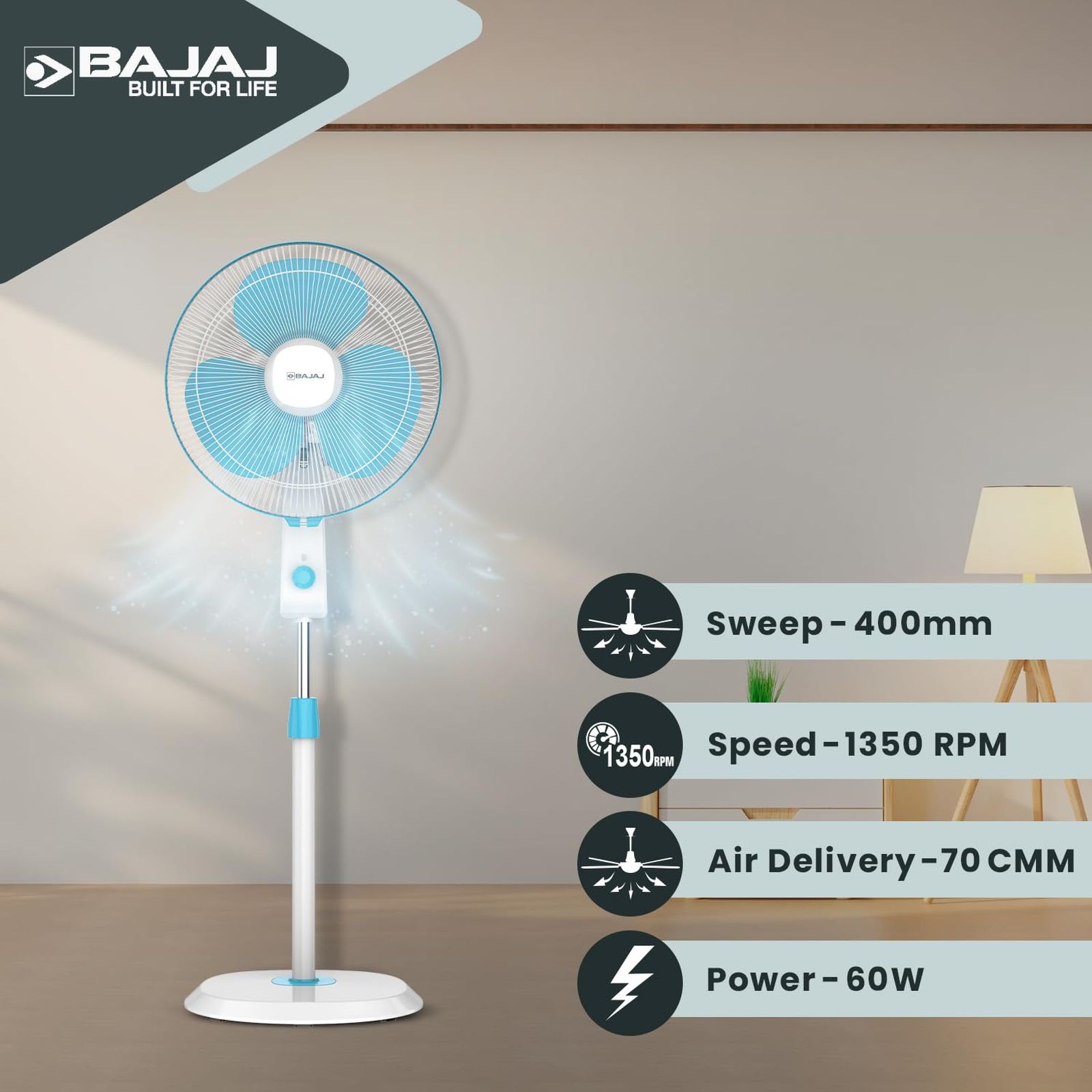BAJAJ Robusto 400mm 3 Blade Copper Motor Pedestal Fan (DuraBreeze Technology, Icy Blue & White)_5
