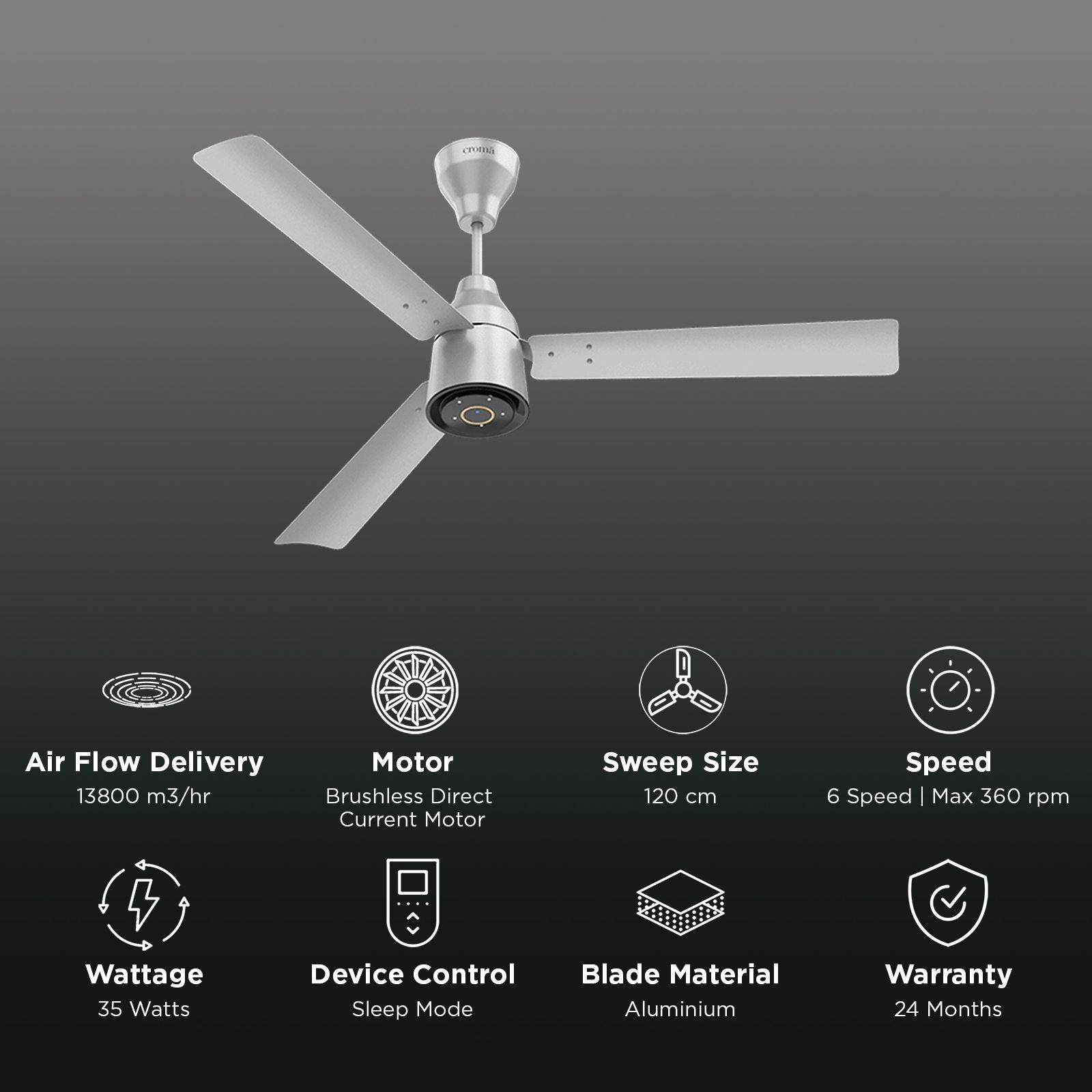 Croma 5 Star 1200mm 3 Blade BLDC Motor Ceiling Fan with Remote (LED Indicator, Silver Mist)_3