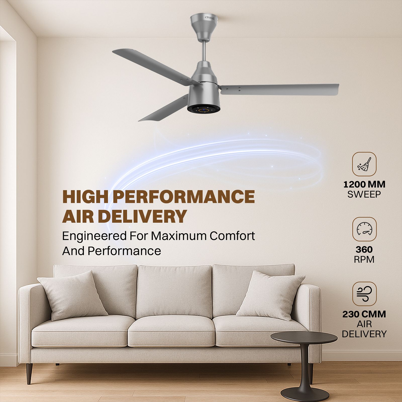 Croma 5 Star 1200mm 3 Blade BLDC Motor Ceiling Fan with Remote (LED Indicator, Silver Mist)_7