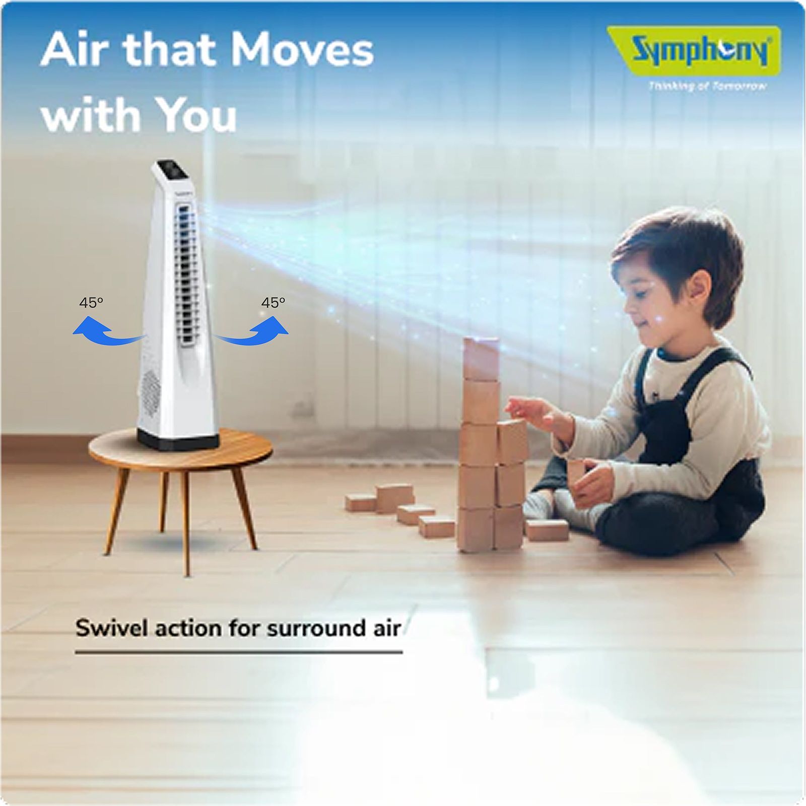 Symphony Surround JUNIOR Bladeless 20 ft Air Throw 650 m3/hr Air Delivery Tower Fan (Bladeless Turbo Throw Technology, White)_6