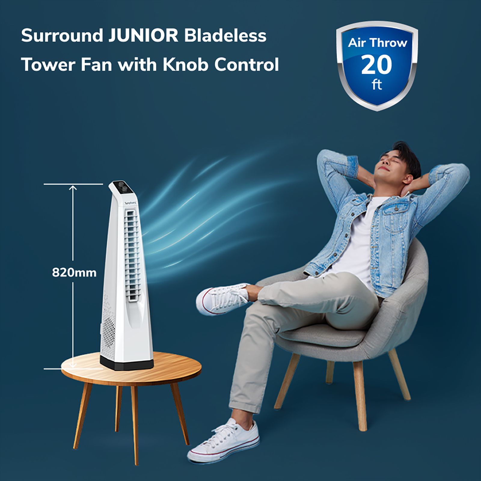 Symphony Surround JUNIOR Bladeless 20 ft Air Throw 650 m3/hr Air Delivery Tower Fan (Bladeless Turbo Throw Technology, White)_8