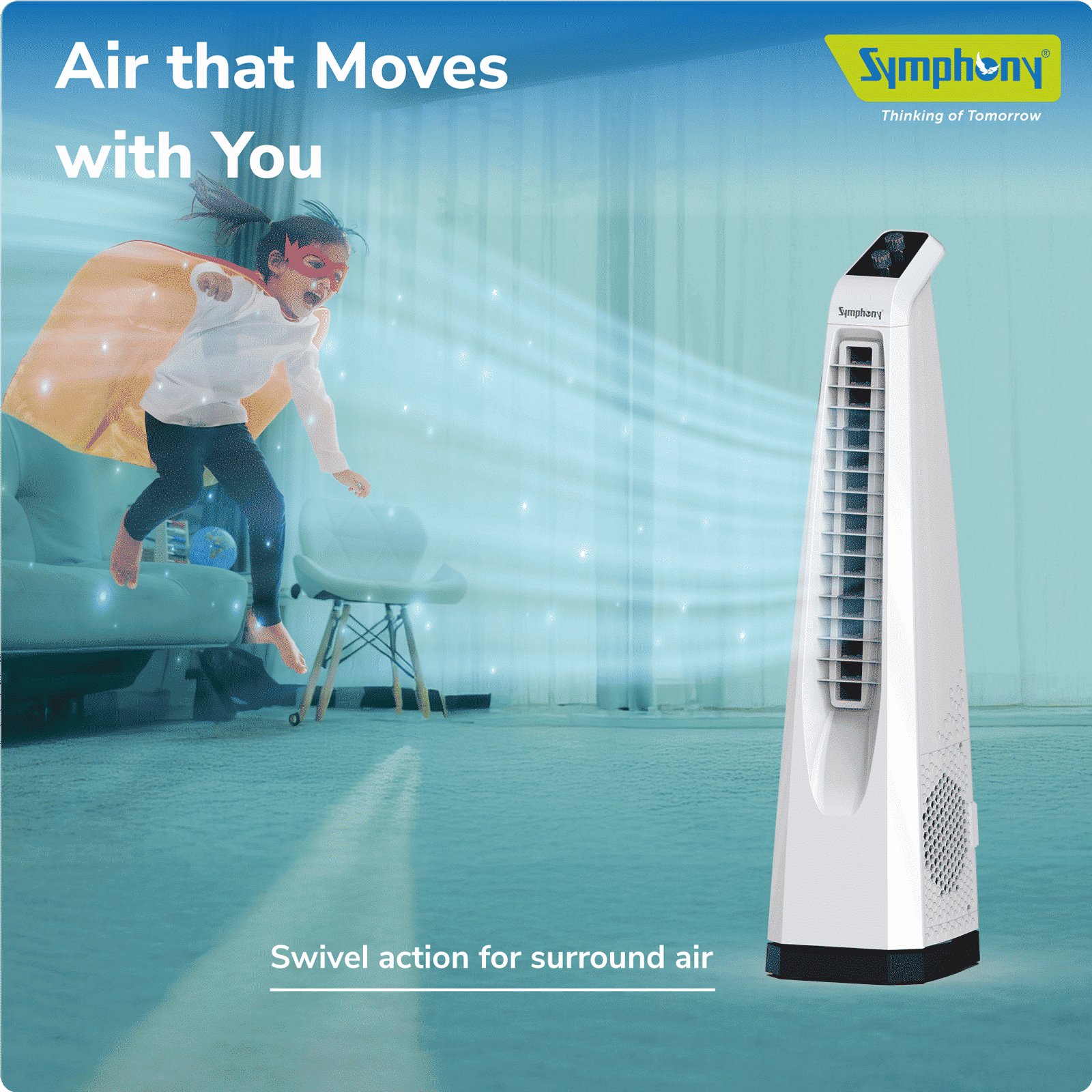 Symphony Surround JUNIOR Bladeless 20 ft Air Throw 650 m3/hr Air Delivery Tower Fan (Bladeless Turbo Throw Technology, White)_9