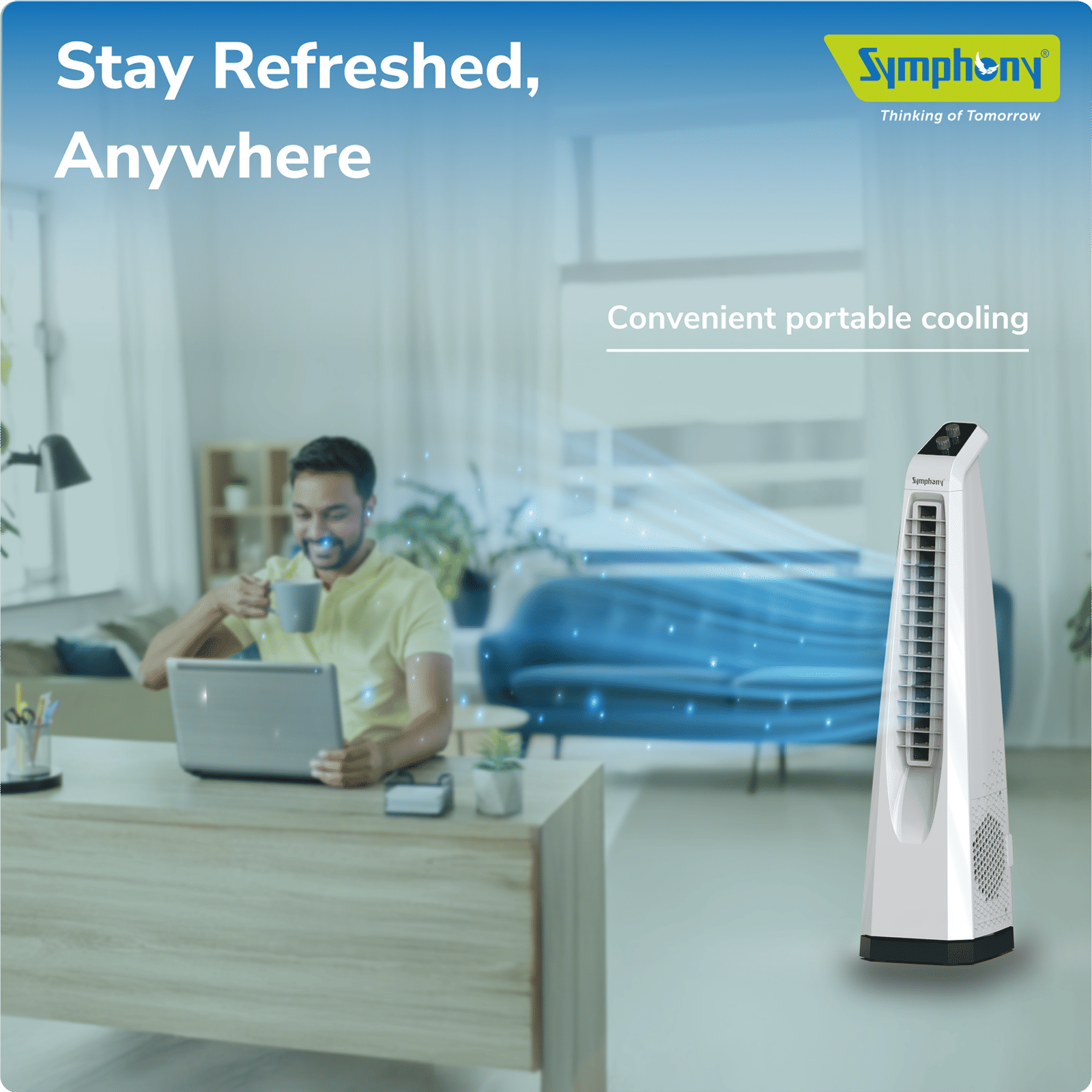 Symphony Surround JUNIOR Bladeless 20 ft Air Throw 650 m3/hr Air Delivery Tower Fan (Bladeless Turbo Throw Technology, White)_10