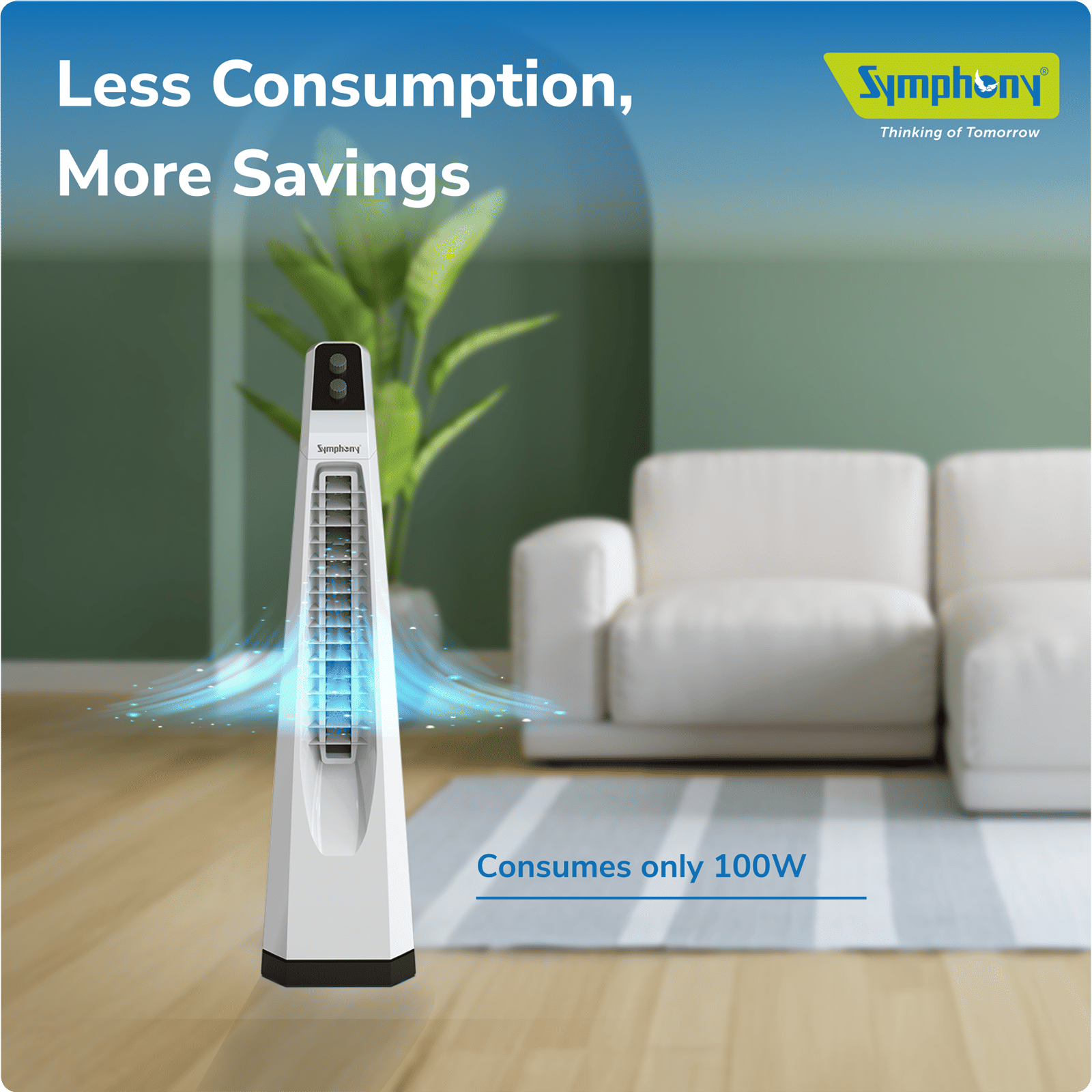 Symphony Surround JUNIOR Bladeless 20 ft Air Throw 650 m3/hr Air Delivery Tower Fan (Bladeless Turbo Throw Technology, White)_11