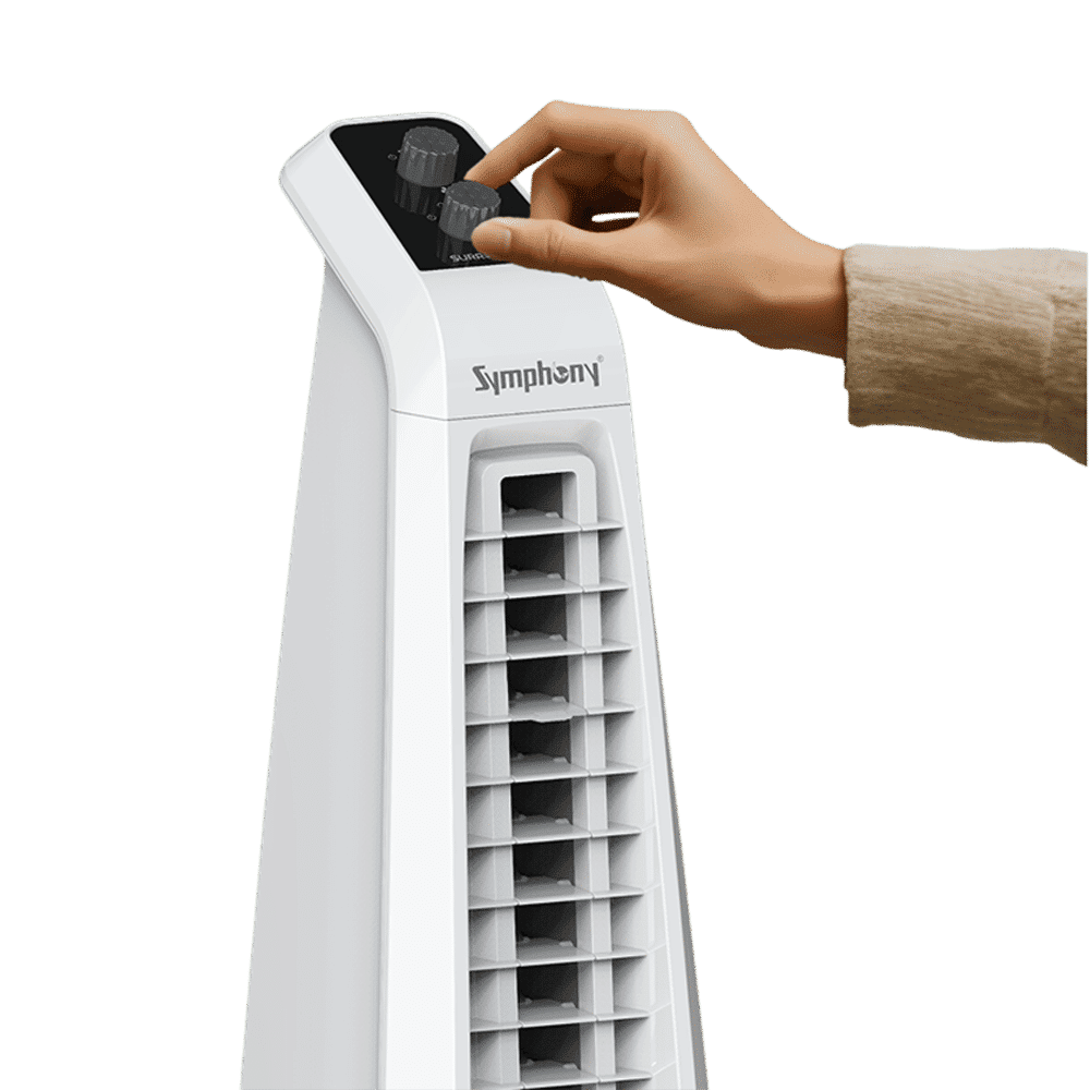 Symphony Surround JUNIOR Bladeless 20 ft Air Throw 650 m3/hr Air Delivery Tower Fan (Bladeless Turbo Throw Technology, White)_5