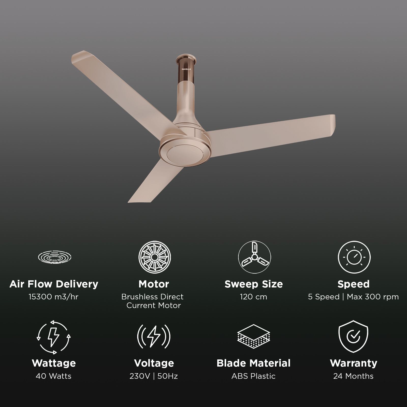 HAVELLS Crista 5 Star 1200mm 3 Blade BLDC Motor Ceiling Fan with Remote (Aerodynamic Winglet Blades, Champagne Cola)_3