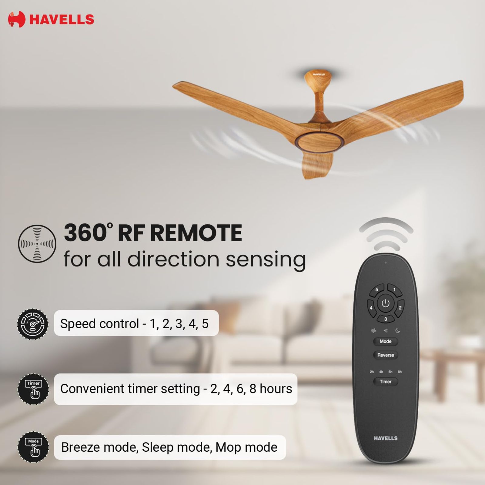 HAVELLS  Stealth Air 5 Star 1200mm 3 Blade BLDC Motor Ceiling Fan with Remote (Aerodynamic Blades, Pinewood Cola Chrome)_6