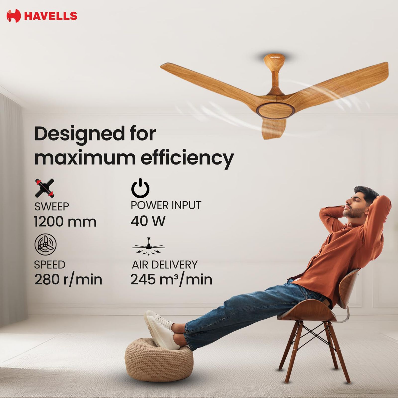 HAVELLS  Stealth Air 5 Star 1200mm 3 Blade BLDC Motor Ceiling Fan with Remote (Aerodynamic Blades, Pinewood Cola Chrome)_7