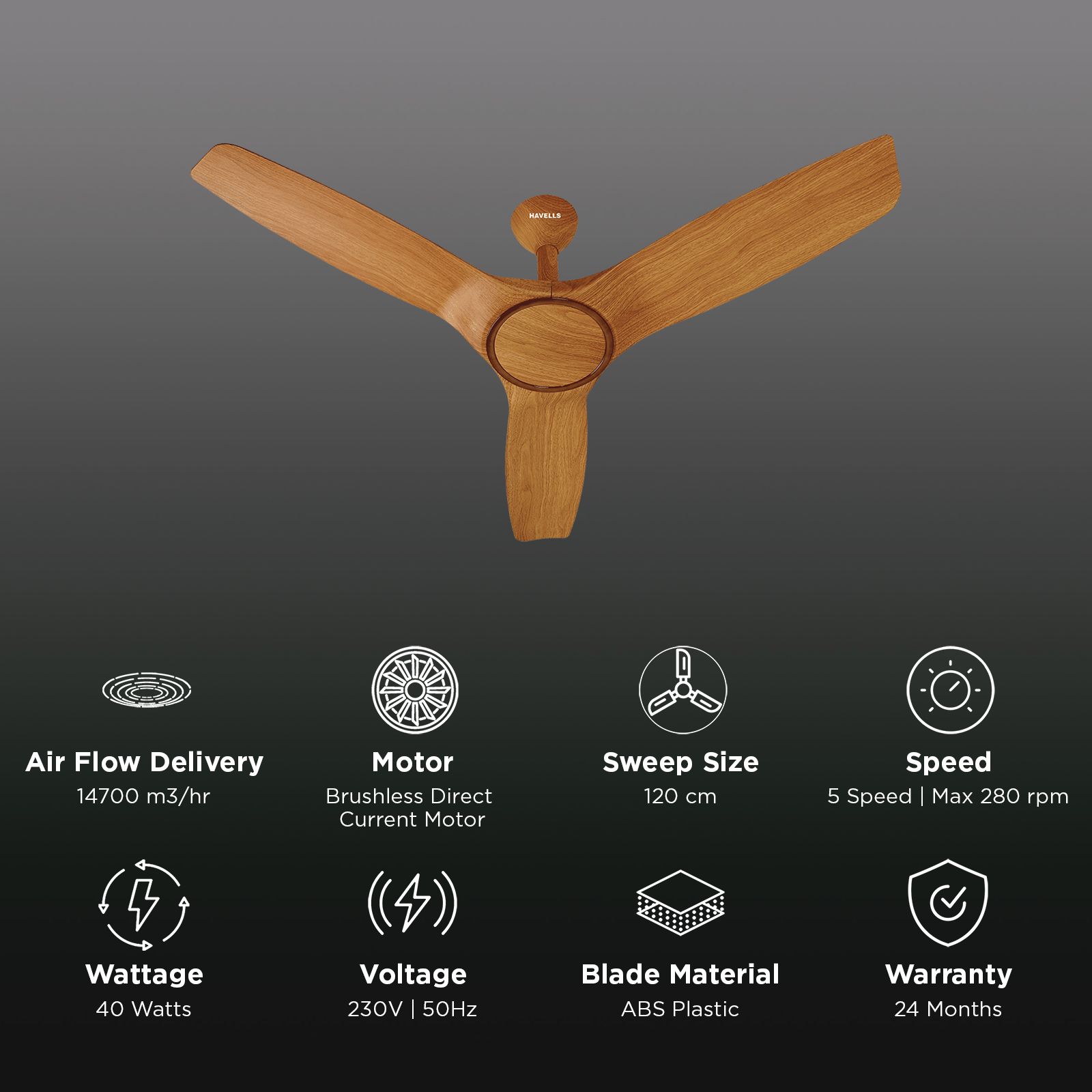 HAVELLS  Stealth Air 5 Star 1200mm 3 Blade BLDC Motor Ceiling Fan with Remote (Aerodynamic Blades, Pinewood Cola Chrome)_3