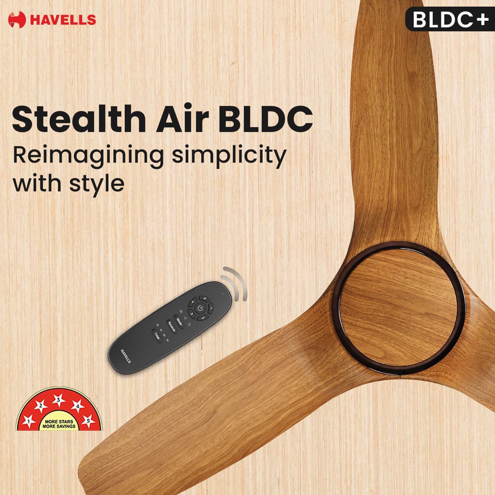 HAVELLS  Stealth Air 5 Star 1200mm 3 Blade BLDC Motor Ceiling Fan with Remote (Aerodynamic Blades, Pinewood Cola Chrome)_4