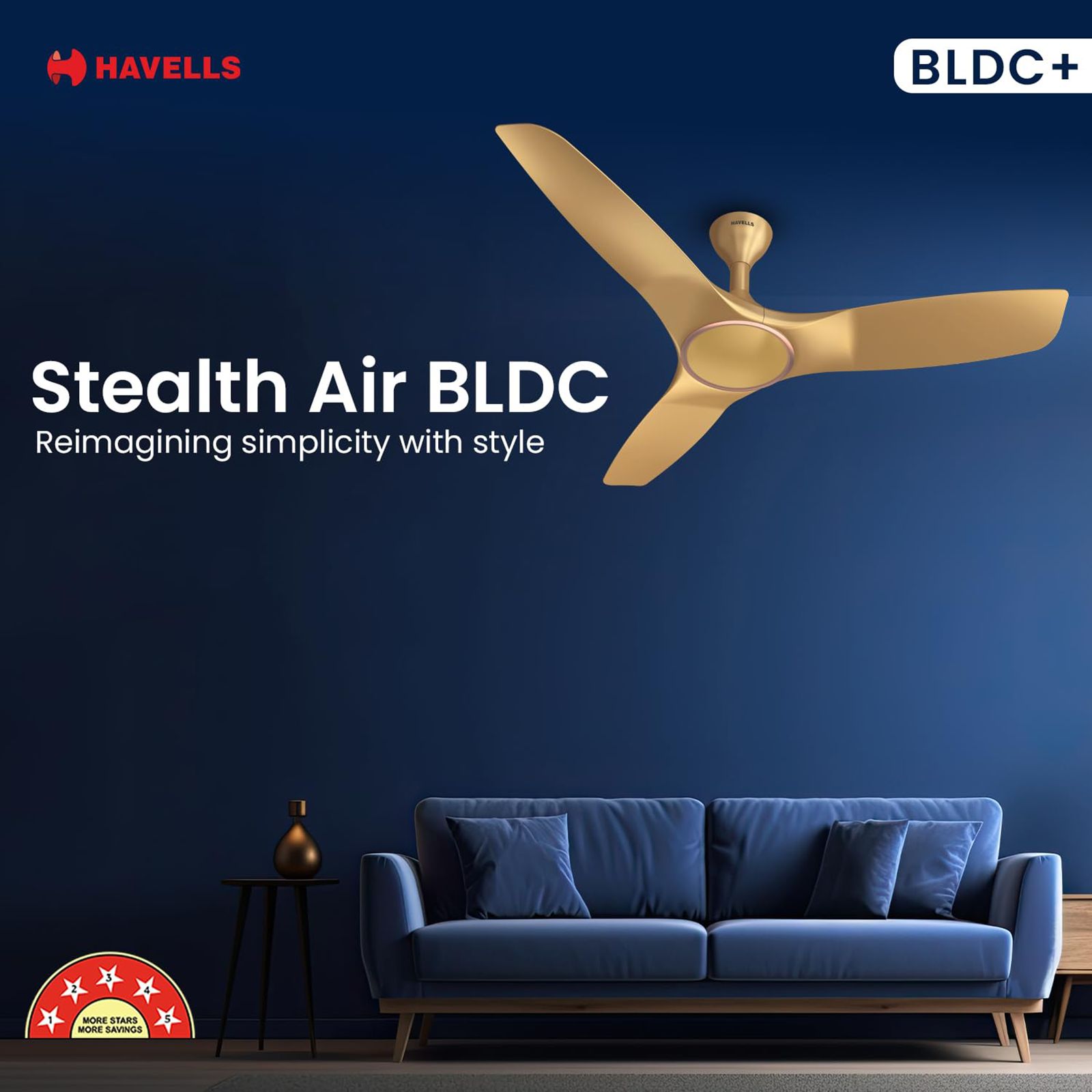 HAVELLS Stealth Air 5 Star 1200mm 3 Blade BLDC Motor Ceiling Fan with Remote (Aerodynamic Blades, Champagne) HAVELLS Stealth Air 5 Star 1200mm 3 Blade BLDC Motor Ceiling Fan with Remote (Aerodynamic Blades, Champagne)_5