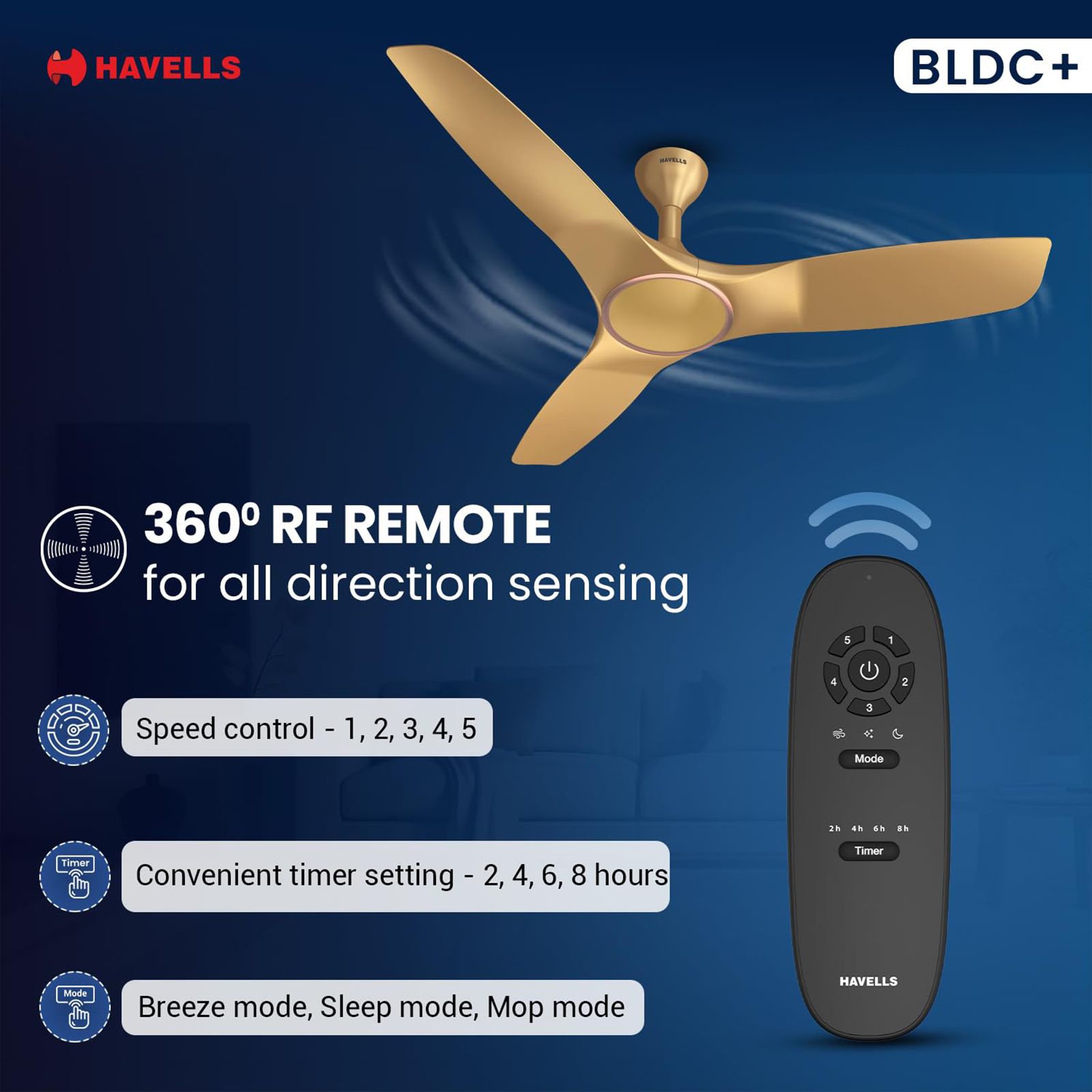 HAVELLS Stealth Air 5 Star 1200mm 3 Blade BLDC Motor Ceiling Fan with Remote (Aerodynamic Blades, Champagne) HAVELLS Stealth Air 5 Star 1200mm 3 Blade BLDC Motor Ceiling Fan with Remote (Aerodynamic Blades, Champagne)_7
