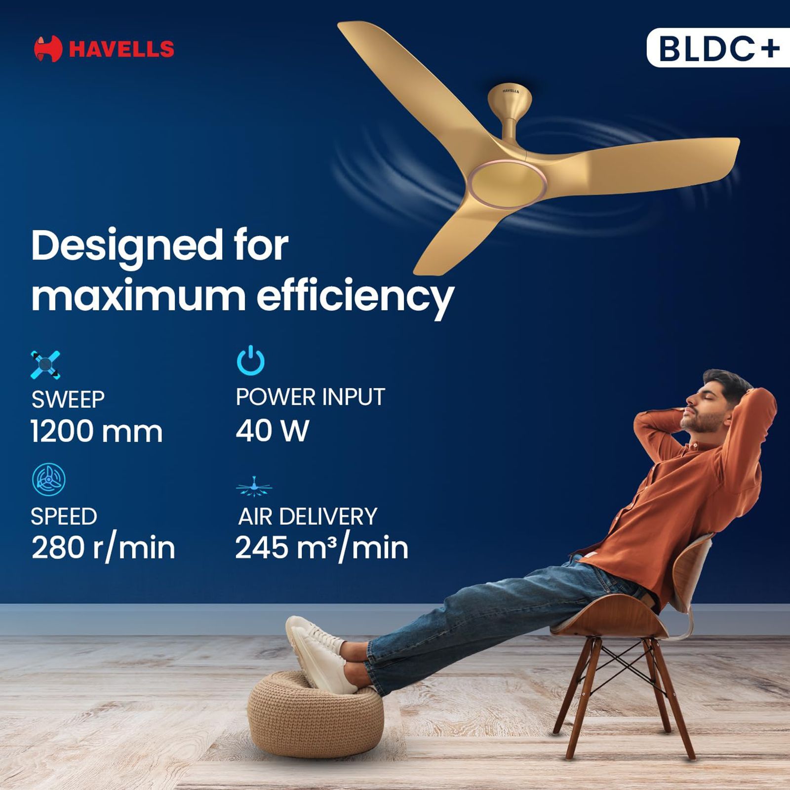 HAVELLS Stealth Air 5 Star 1200mm 3 Blade BLDC Motor Ceiling Fan with Remote (Aerodynamic Blades, Champagne) HAVELLS Stealth Air 5 Star 1200mm 3 Blade BLDC Motor Ceiling Fan with Remote (Aerodynamic Blades, Champagne)_8