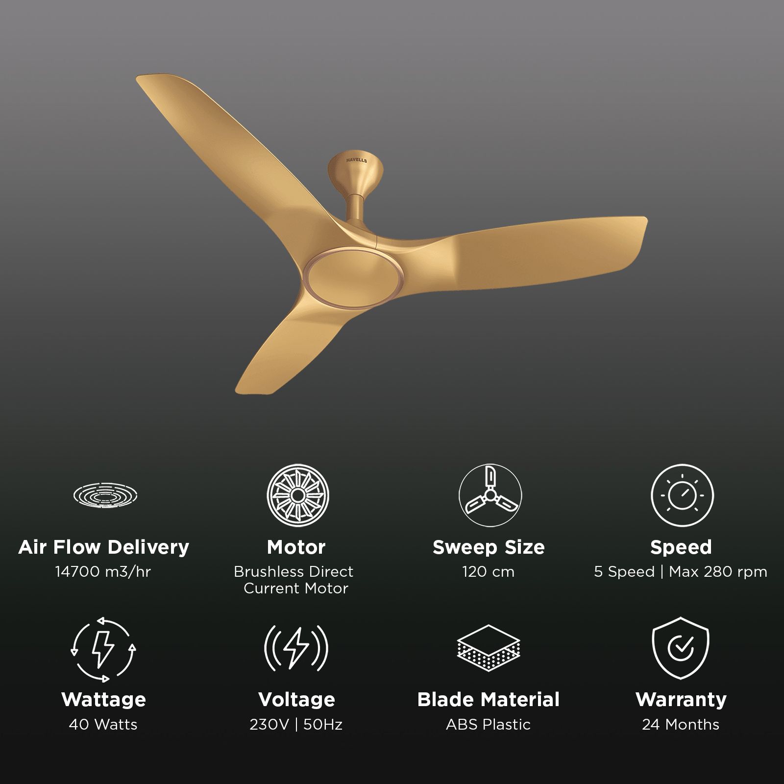 HAVELLS  Stealth Air 5 Star 1200mm 3 Blade BLDC Motor Ceiling Fan with Remote (Aerodynamic Blades, Champagne)_3