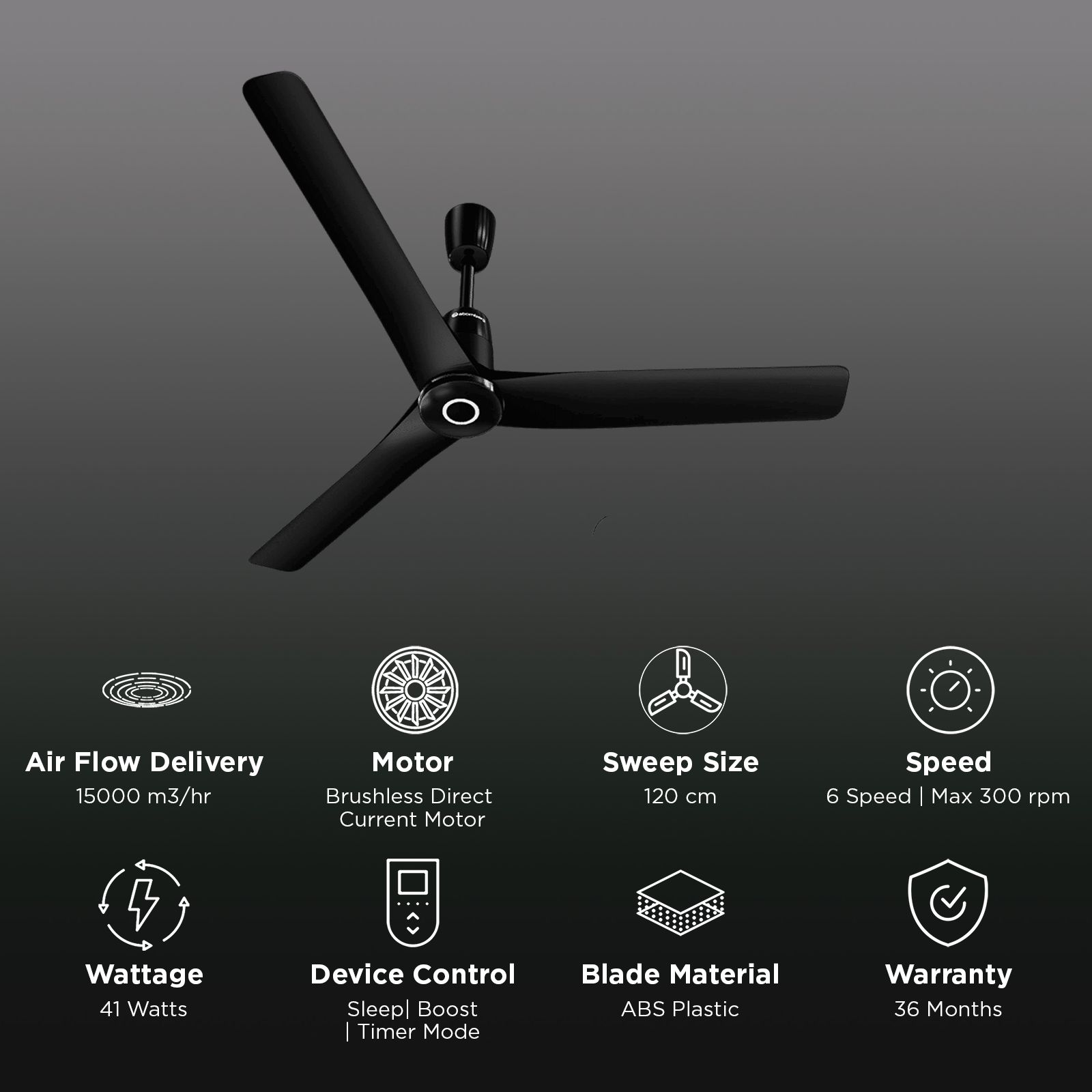 atomberg Aris Contour Smart 5 Star 1200mm 3 Blade BLDC Motor Smart Ceiling Fan with Remote (LED Indicators, Midnight Black)_3