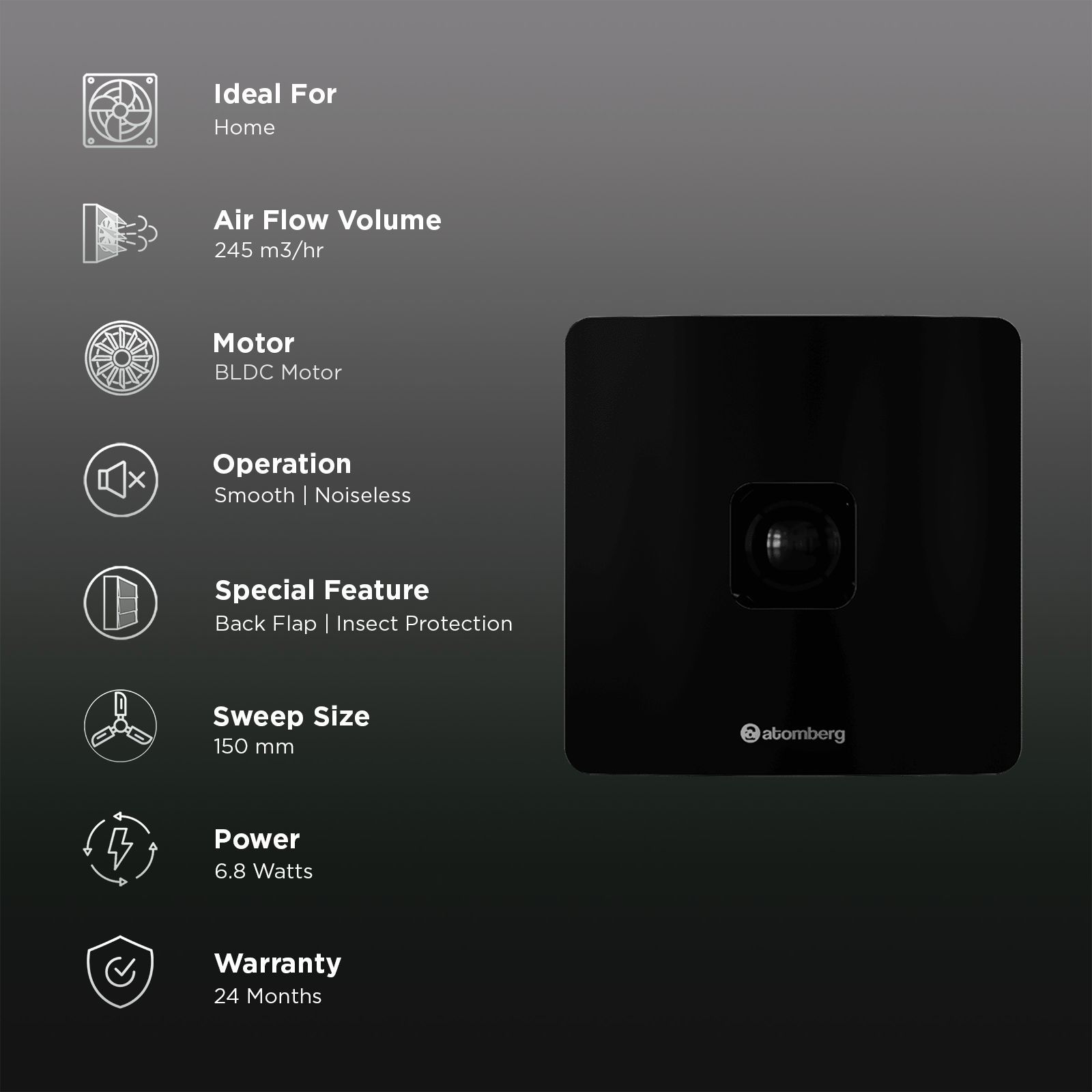 atomberg Studio Plus 6 Inch 150mm Exhaust Fan with BLDC Motor (Low Noise Operation, Gloss Black)_2