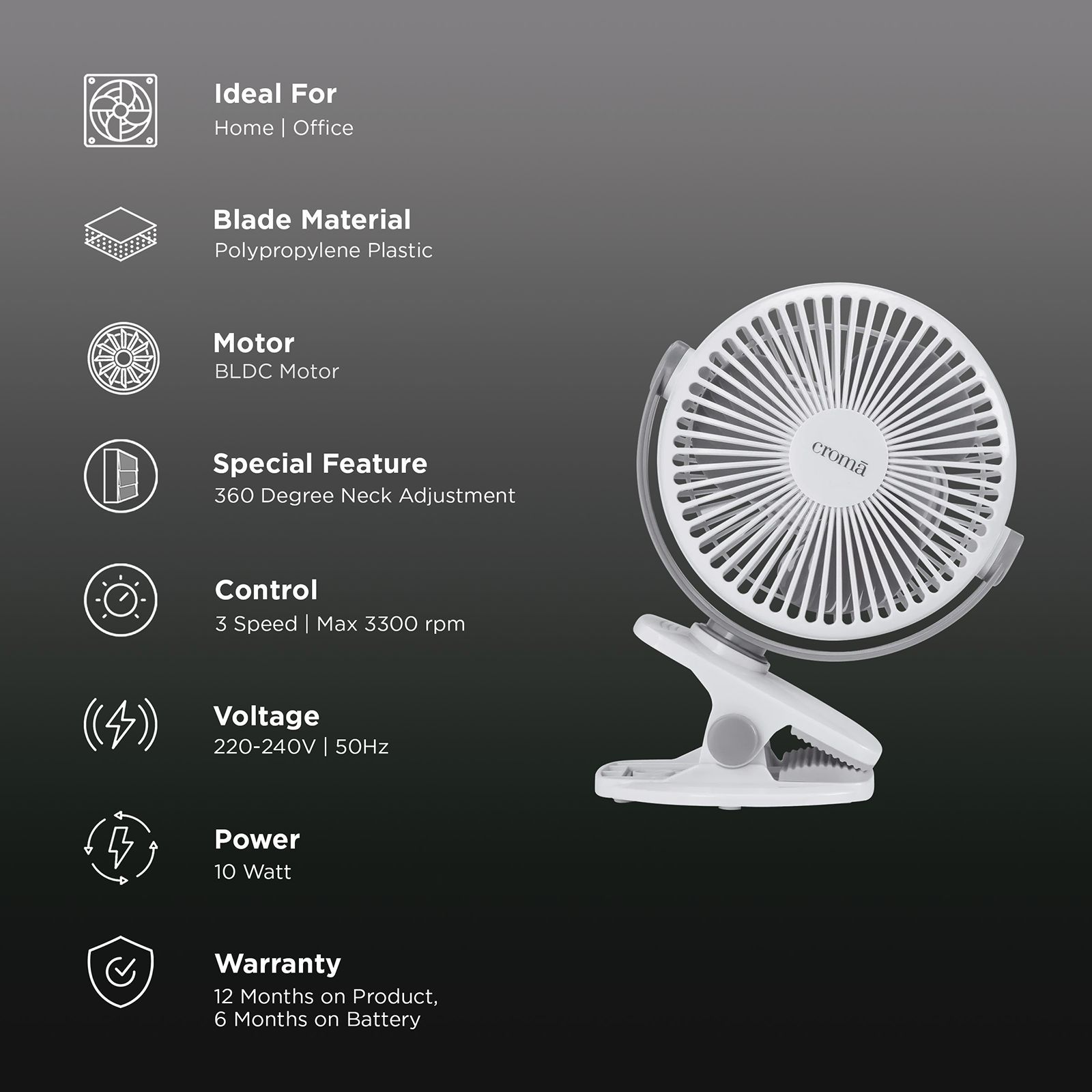 Croma 3 Blade Rechargeable Fan with 1800 mAh Battery (BLDC Motor,2026 model, White)_3