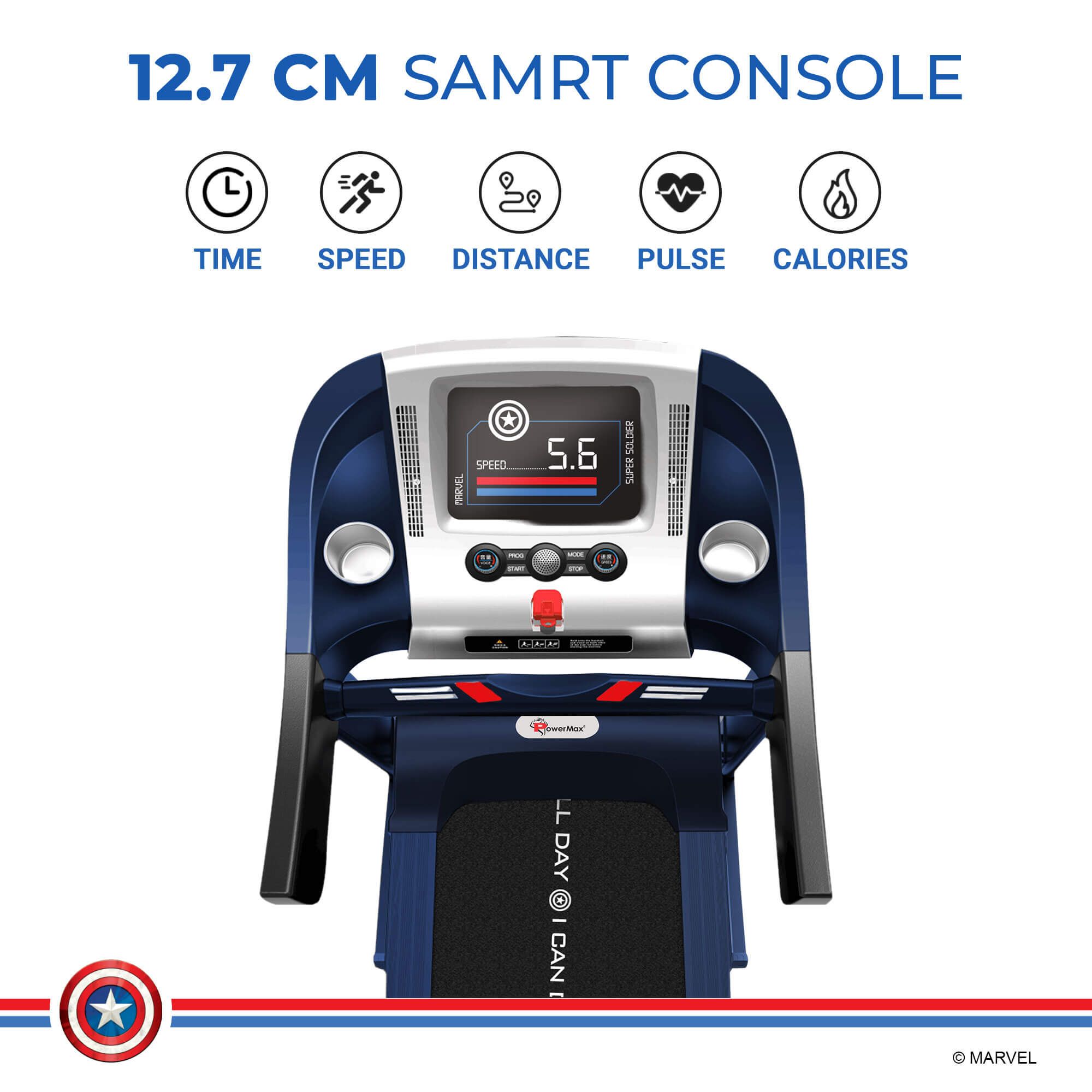 PowerMax Captain America 2HP Foldable Motorized Treadmill (6 Level Manual Incline, MTM-1000M, Blue)_2
