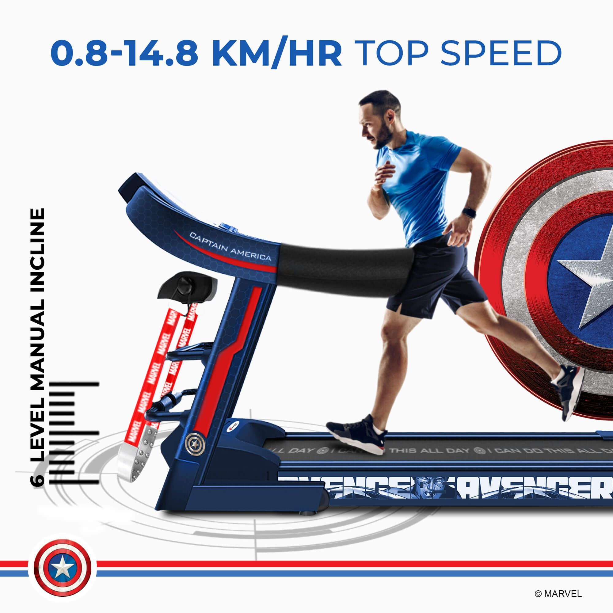 PowerMax Captain America 2HP Foldable Motorized Treadmill (6 Level Manual Incline, MTM-1000M, Blue)_4
