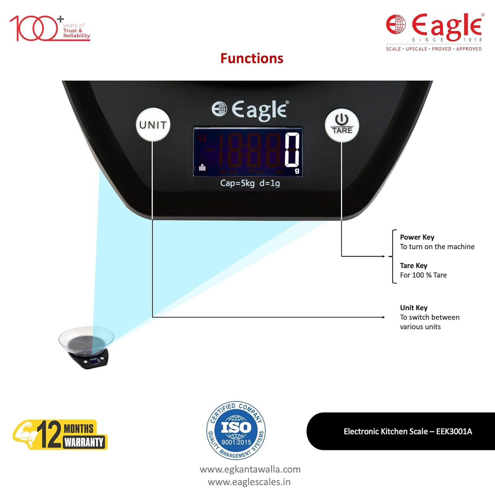 Eagle Digital Kitchen Scale (Battery Powered, Easy Tare Function, EEK3001A, Black)_2