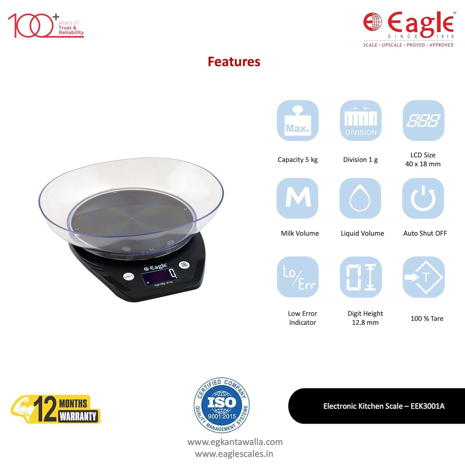 Eagle Digital Kitchen Scale (Battery Powered, Easy Tare Function, EEK3001A, Black)_3