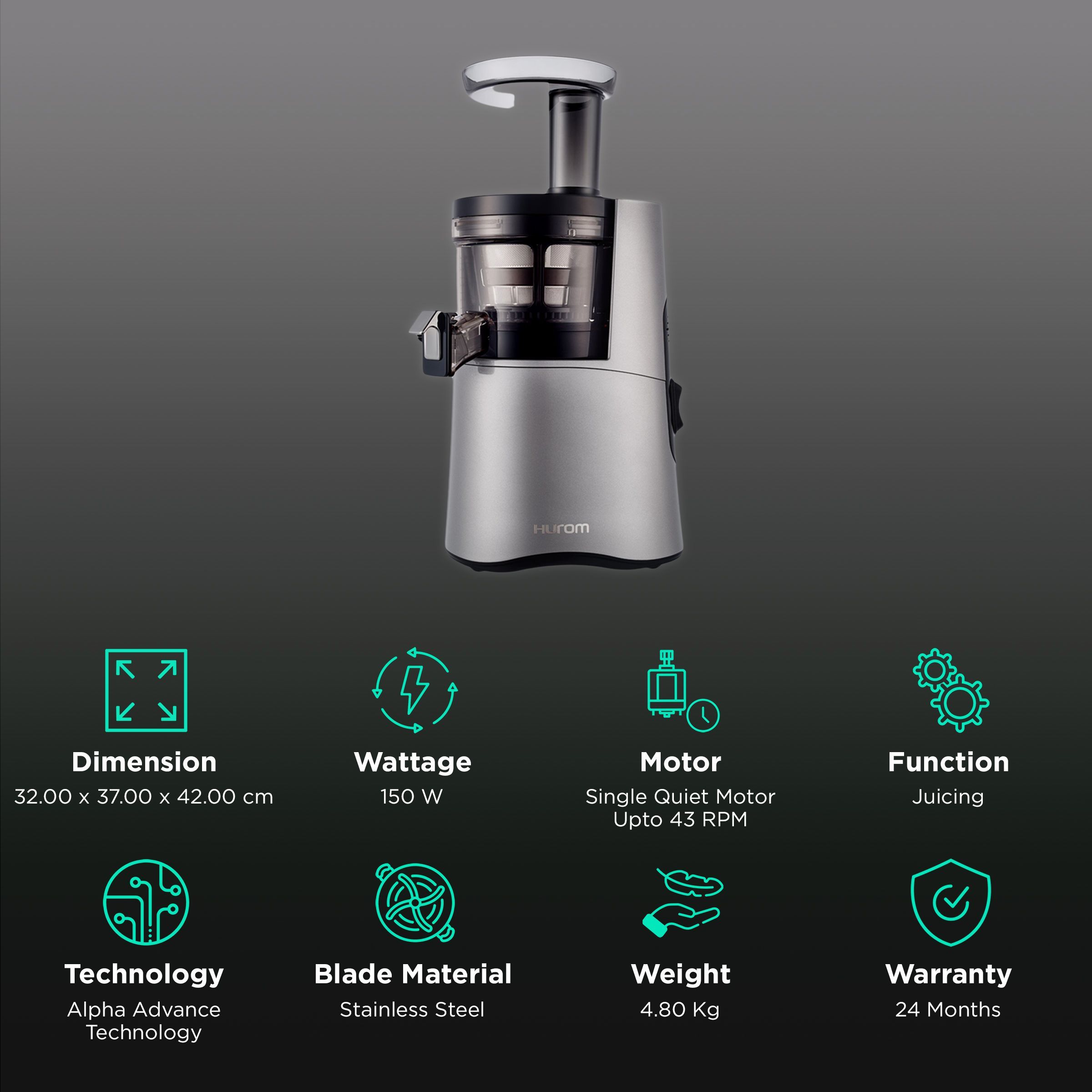 Hurom Classic Series 150 Watt Cold Press Juicer (43 RPM, Slow Squeeze Technology, Dark Grey)_2