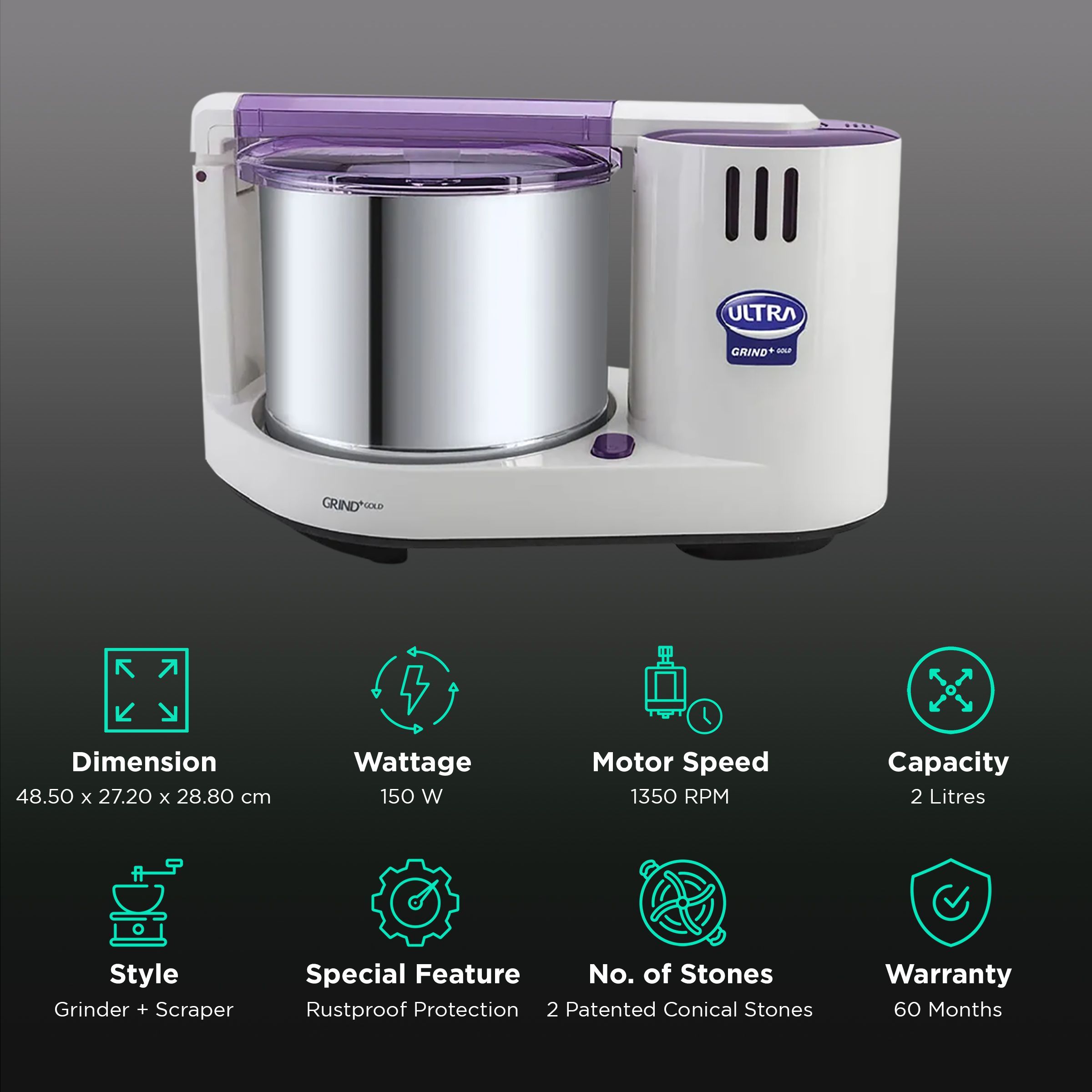 ELGI Ultra Grind + Gold 2 Litres 2 Stones Wet Grinder (Shock Proof, Fortune White)_2