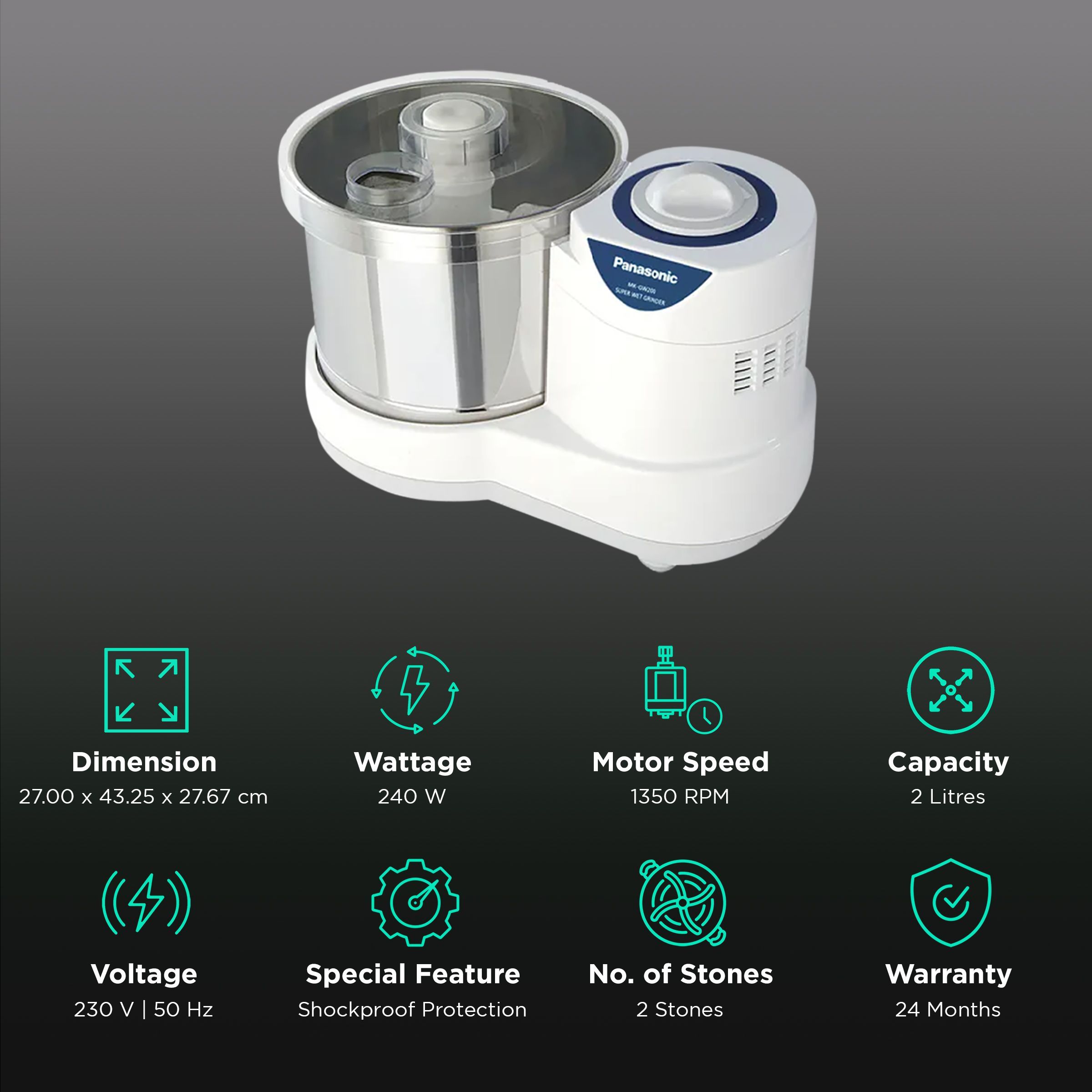 Panasonic Ultimate 2 Litres 2 Stones Wet Grinder (Shock Proof, Black)_2