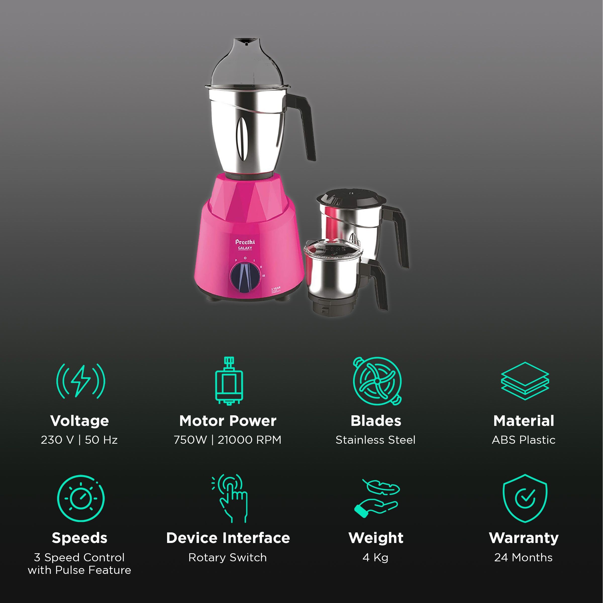 Preethi Galaxy 750 Watt 3 Jars Mixer Grinder (21000 RPM, 3 Speed Control, Pink)_2