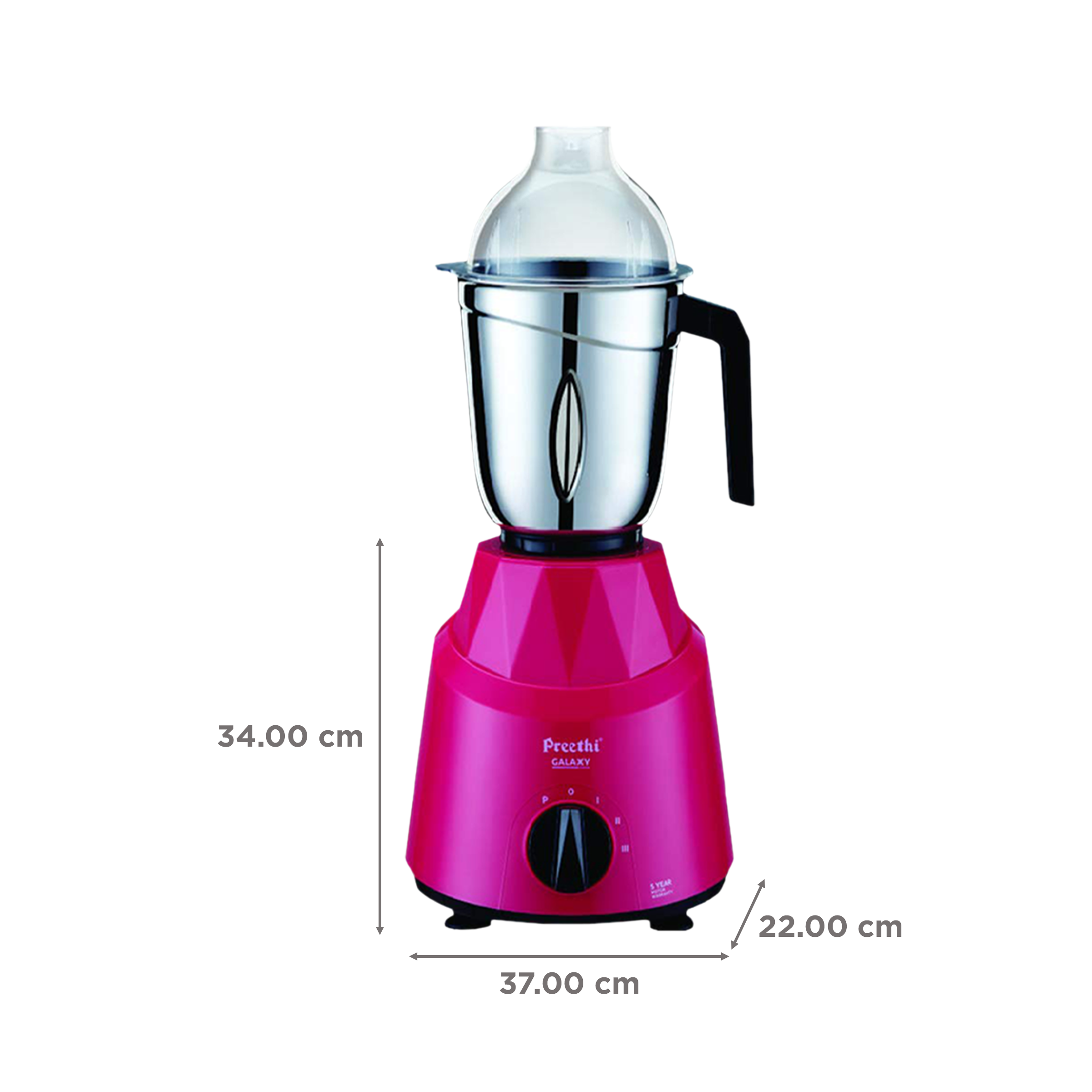Preethi Galaxy 750 Watt 3 Jars Mixer Grinder (21000 RPM, 3 Speed Control, Pink)_3