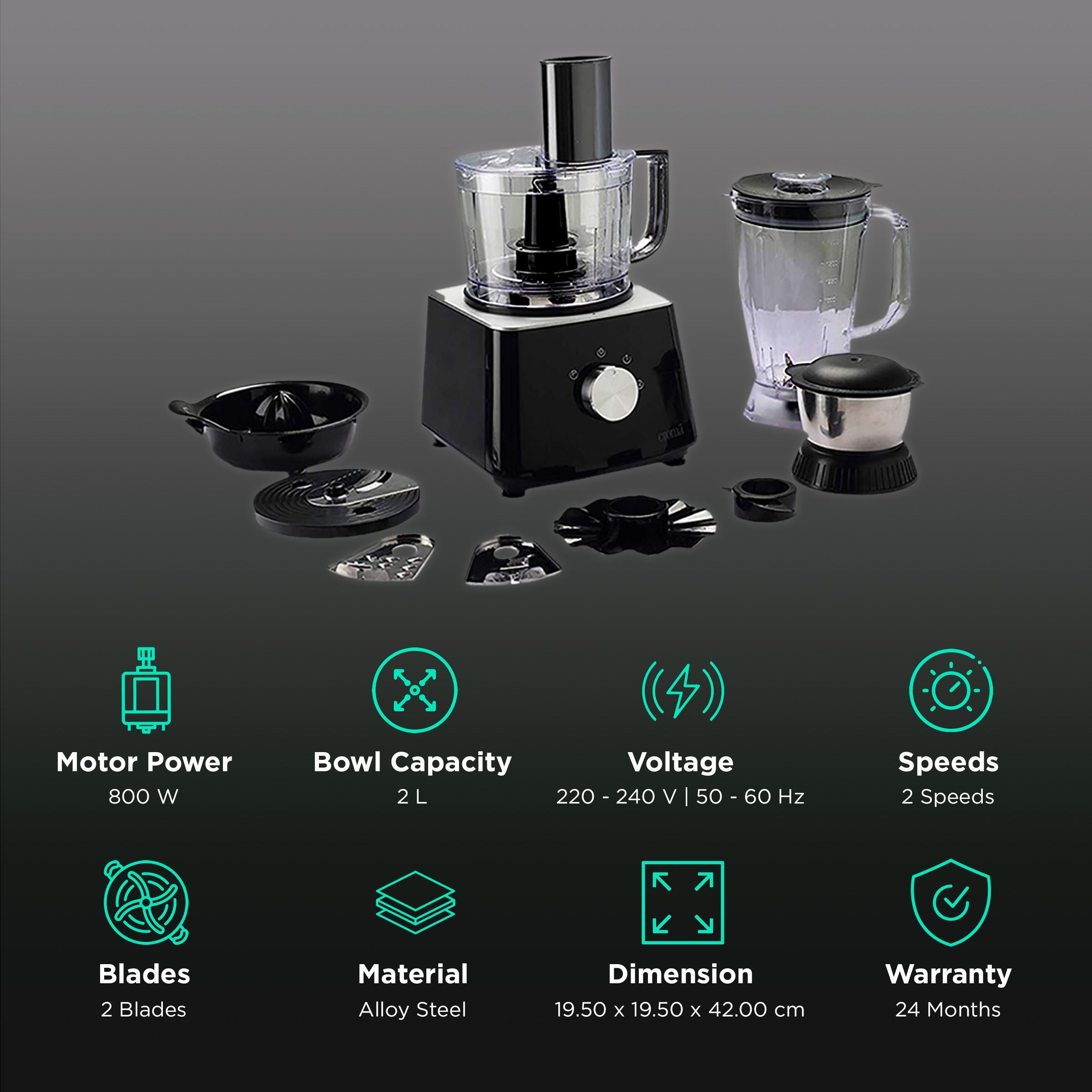 Croma 800 Watt Food Processor with 2 Blades (Black)_2