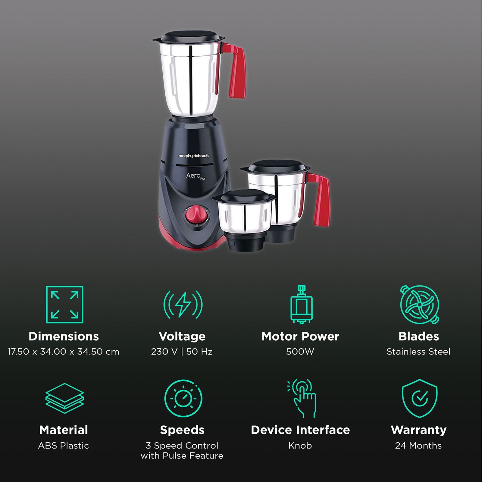 Morphy Richards Aero Plus 500 Watt 3 Jars Mixer Grinder (Overload Protection, Black & Wine)_2