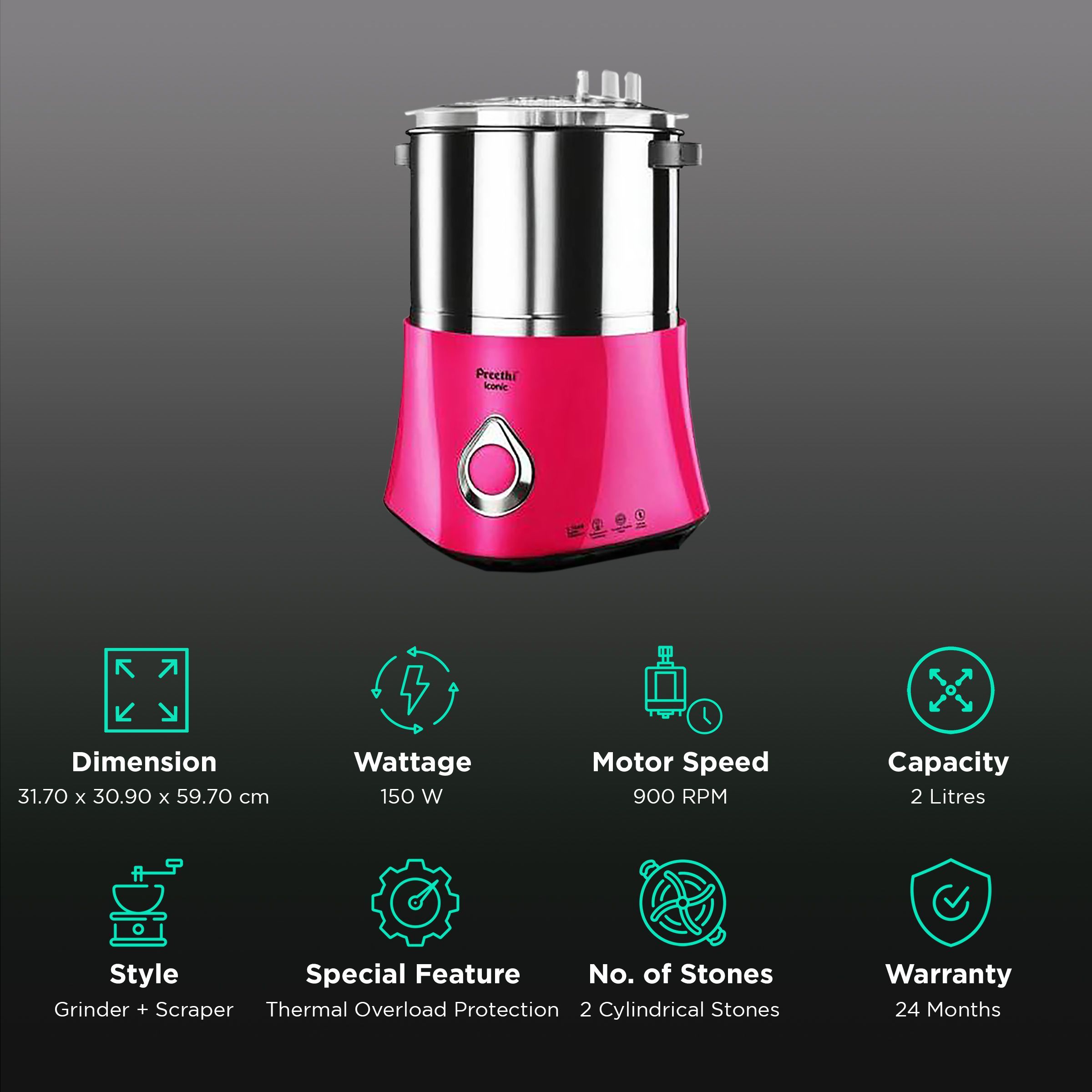 Preethi Iconic 2 Litres 2 Stones Wet Grinder with Atta Kneader (Bi-Directional Grinding Technology, Pink)_2