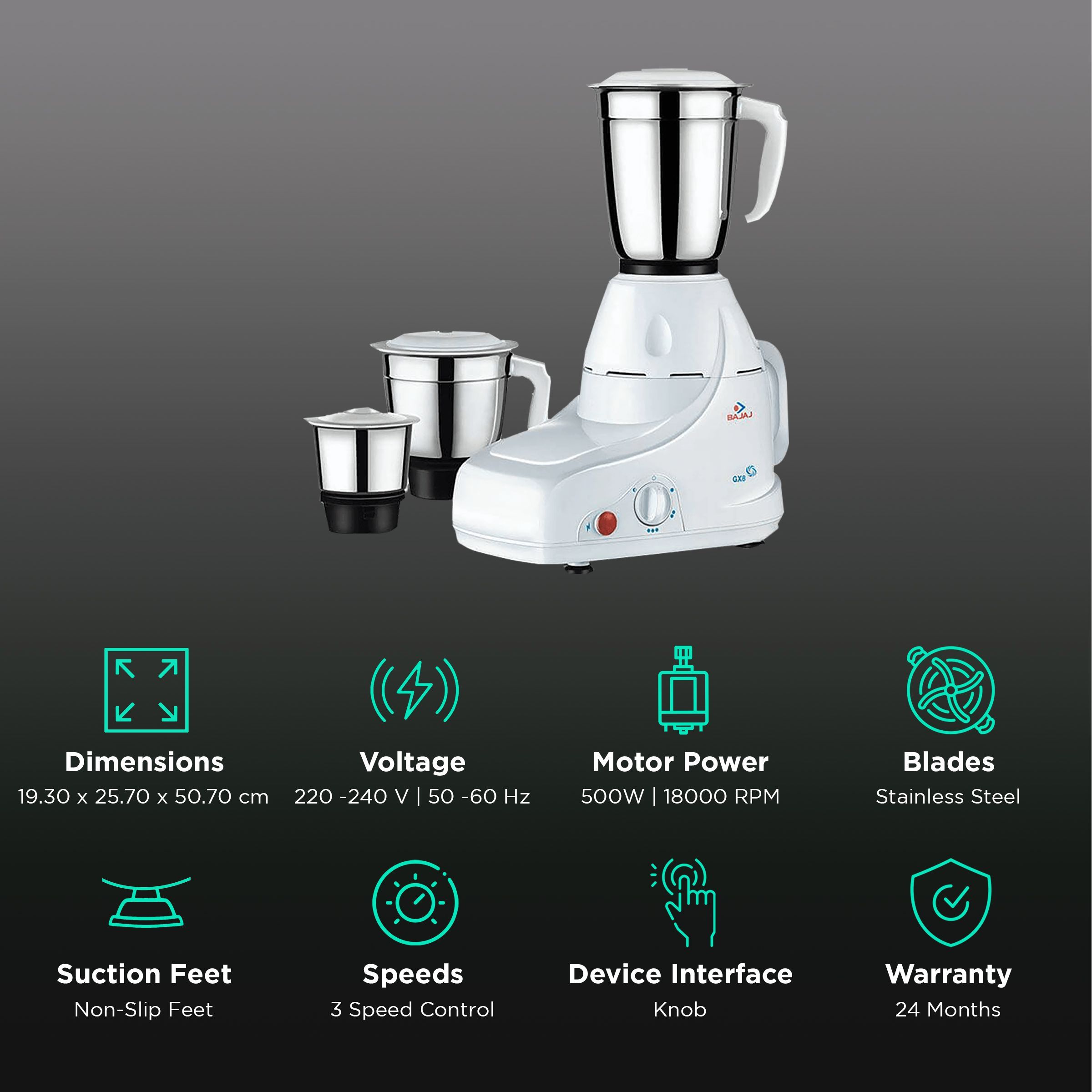 BAJAJ GX 8 500 Watt 3 Jars Mixer Grinder (18000 RPM, Multiple Speed Control, White)_2