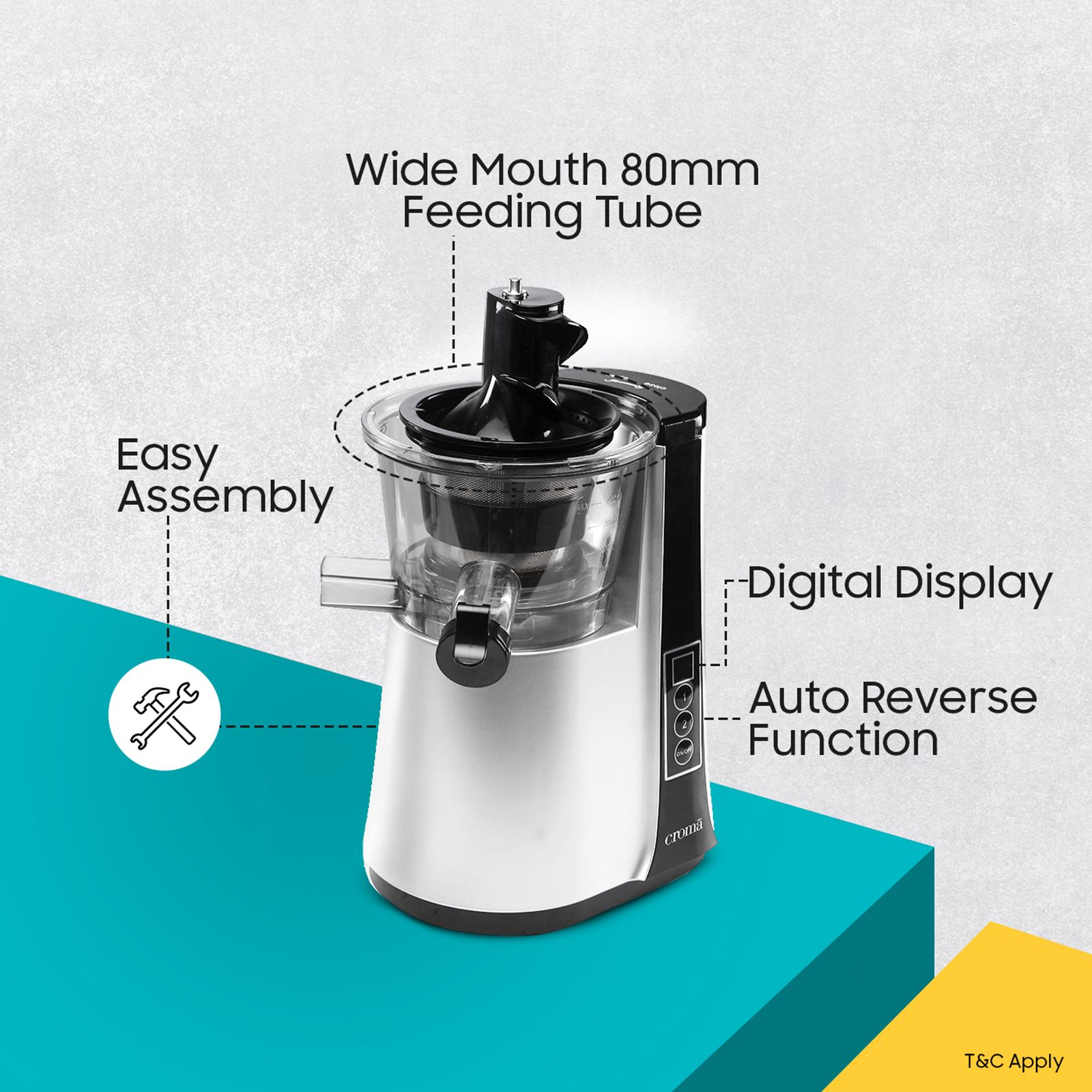 Croma 200 Watt Cold Press Slow Juicer (60 RPM, Non-Slip Feet, Silver)_11