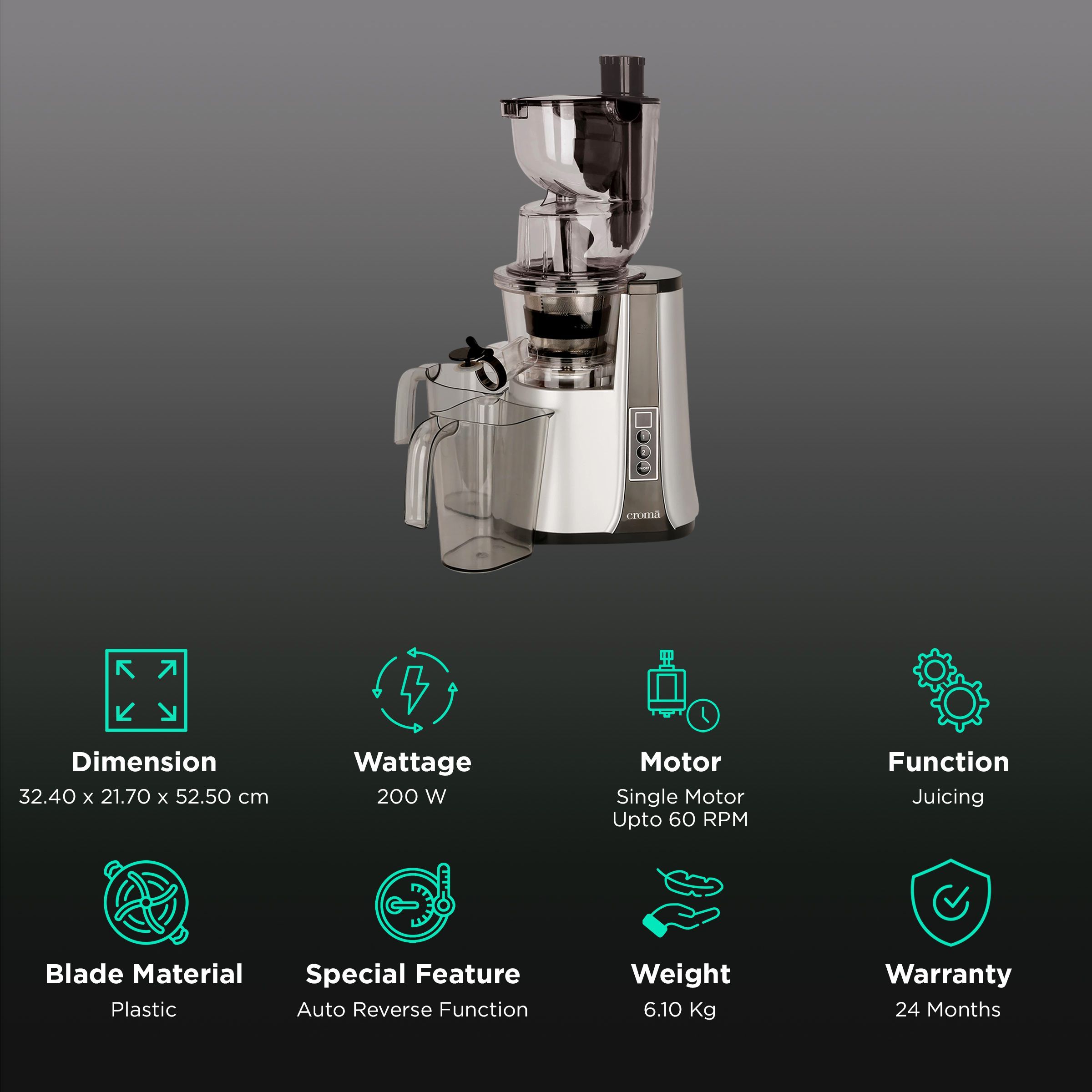 Croma 200 Watt Cold Press Slow Juicer (60 RPM, Non-Slip Feet, Silver)_2