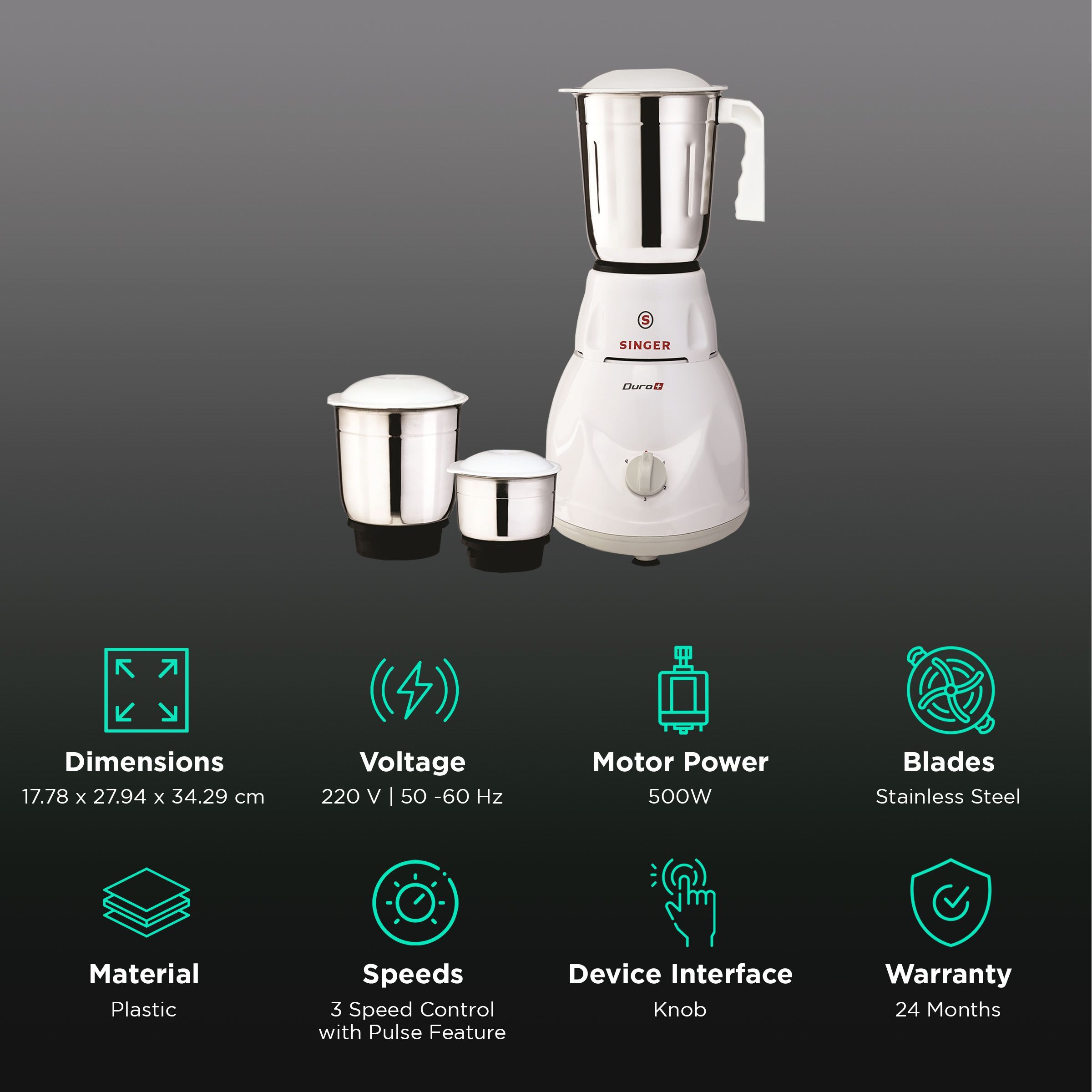 SINGER Duro Plus 500 Watt 3 Jars Mixer Grinder (3 Speed Control with Pulse Function, White)_2